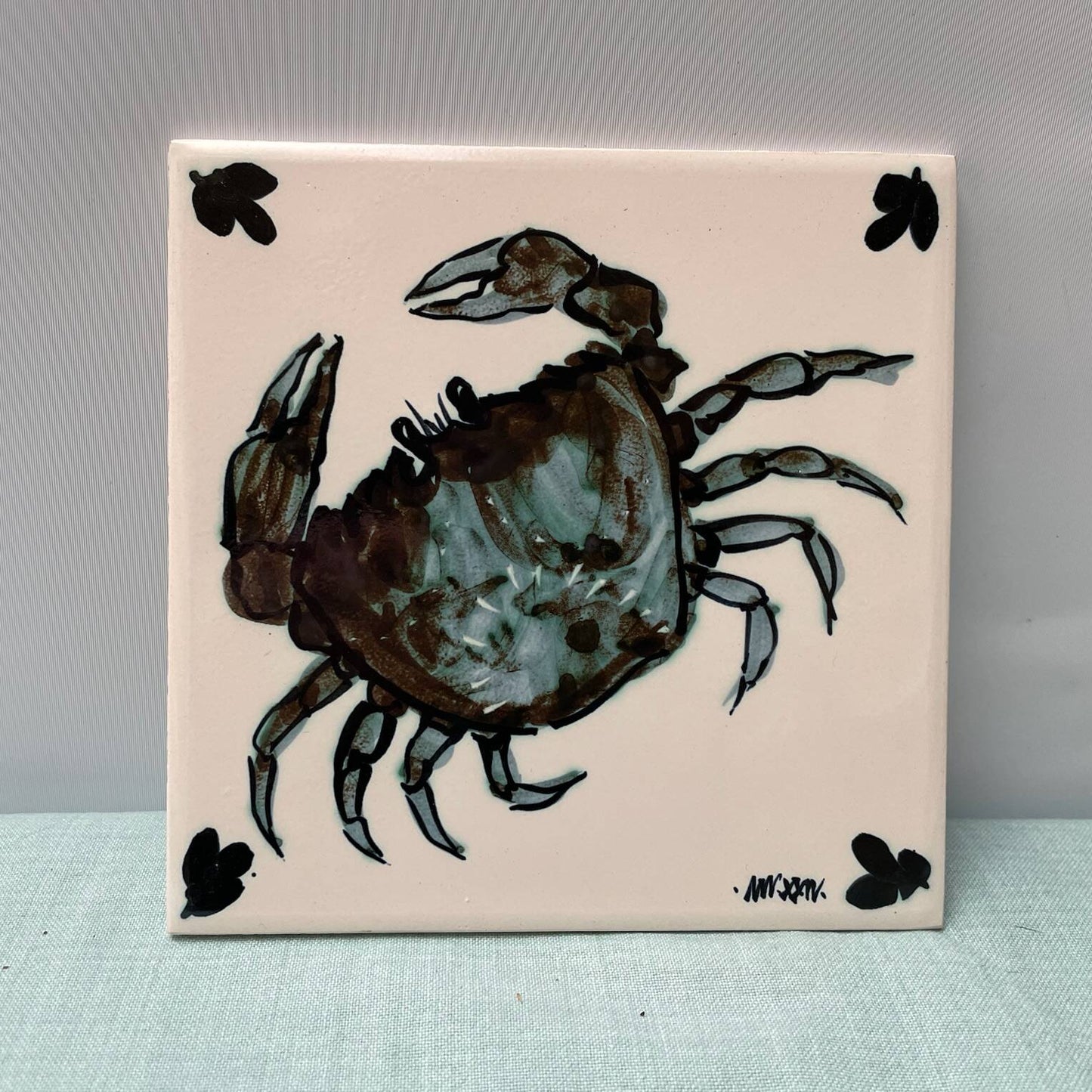 Handmade Ceramic 6" Tile – Crab in Teal