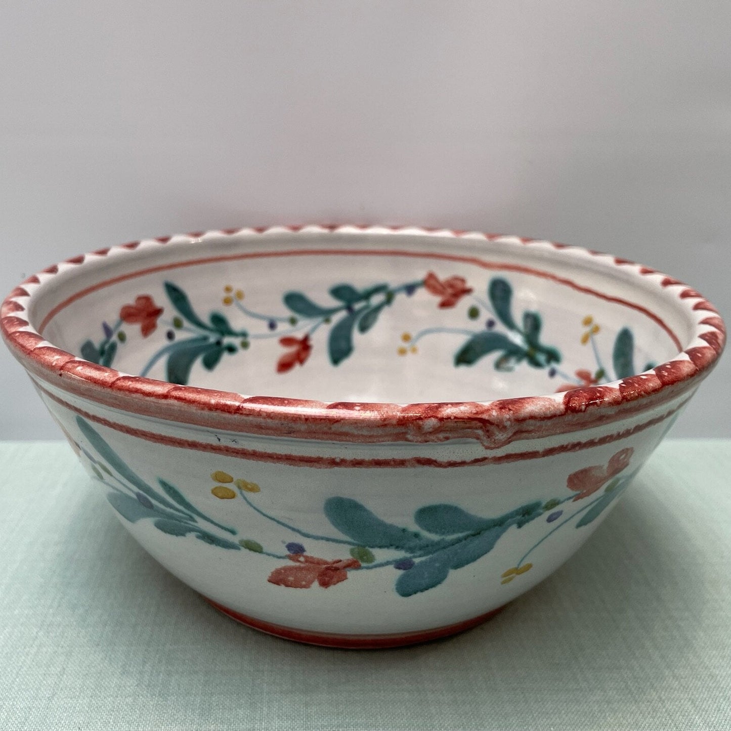 Small Handmade Ceramic Salad Bowl – Mistletoe in Coral & Teal