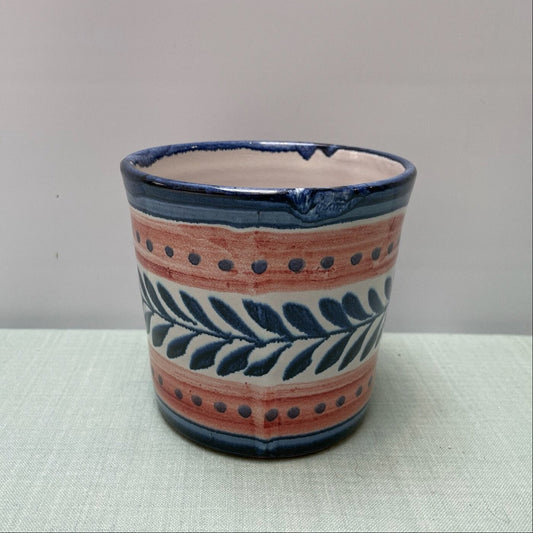 Small Handmade Ceramic Plant Pot Cover – Danish in Blue & Coral