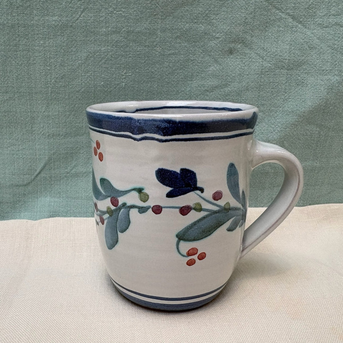 Tall Handmade Ceramic Mug - Mistletoe in Blue Teal