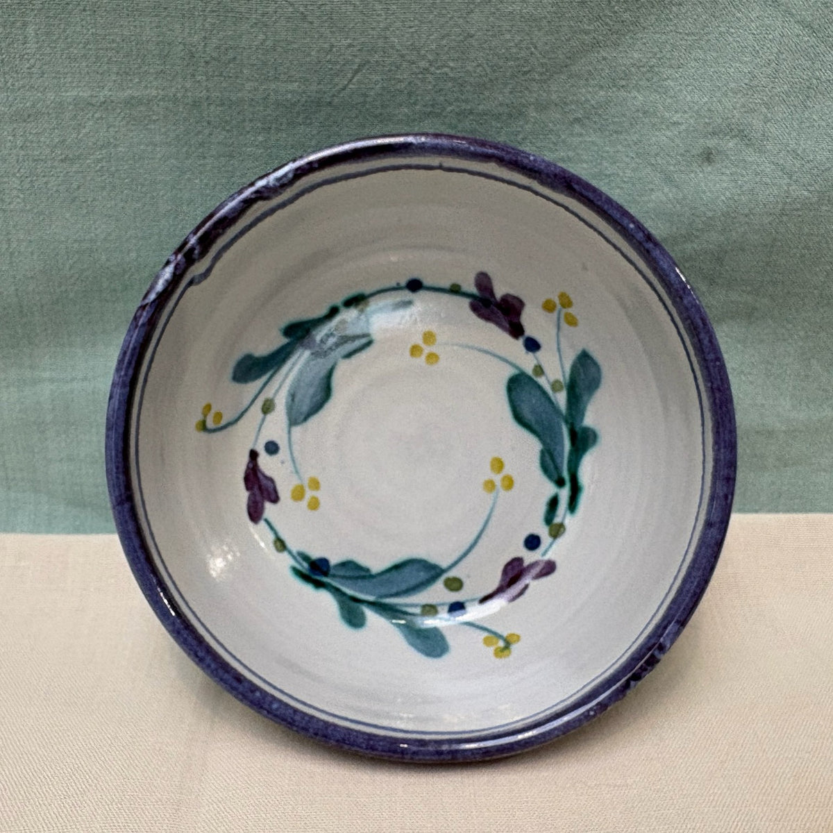 Handmade Ceramic Cereal Bowl - Mistletoe in Blue Teal Yellow