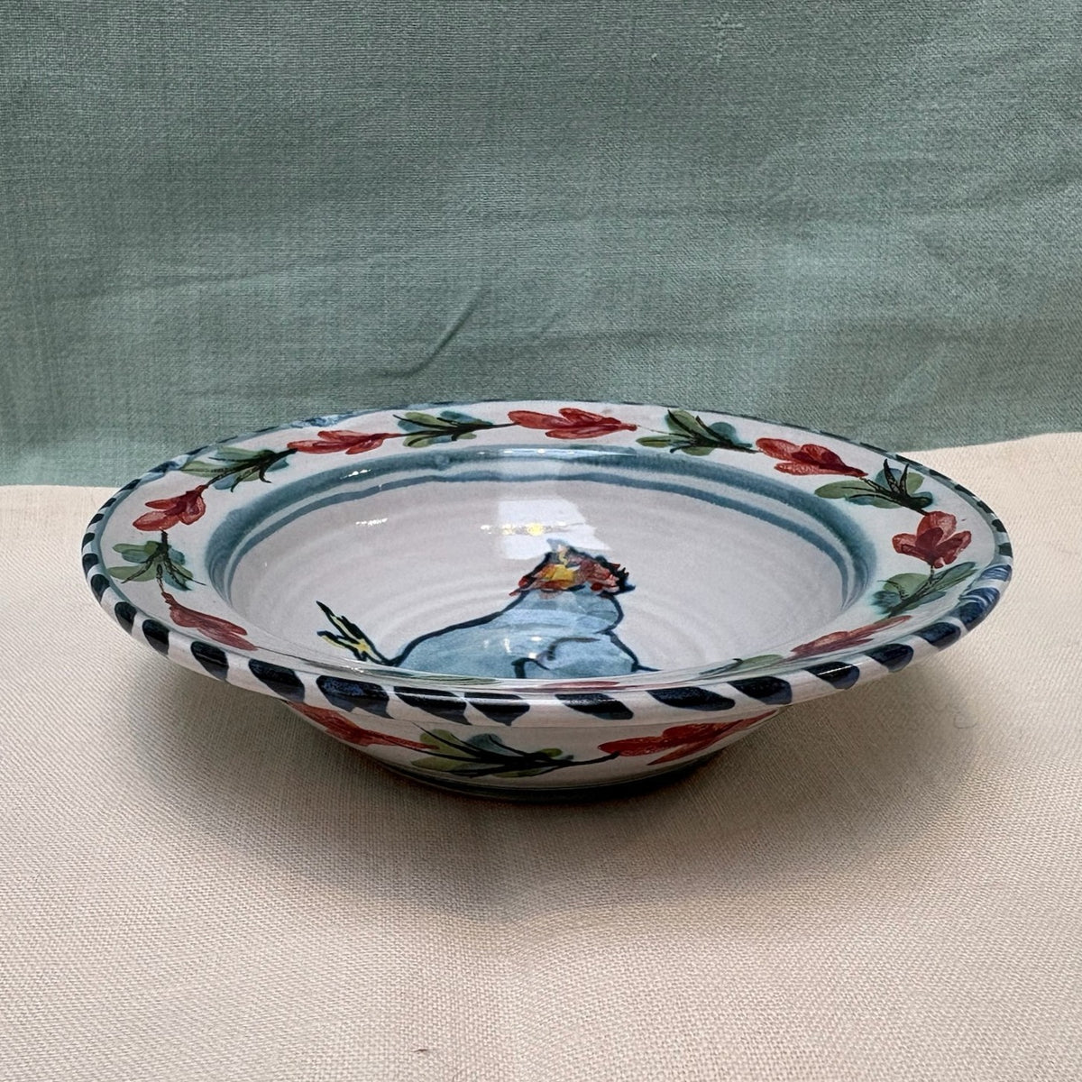Small Handmade Ceramic Rimmed Bowl - Fuchsia Hen in Teal