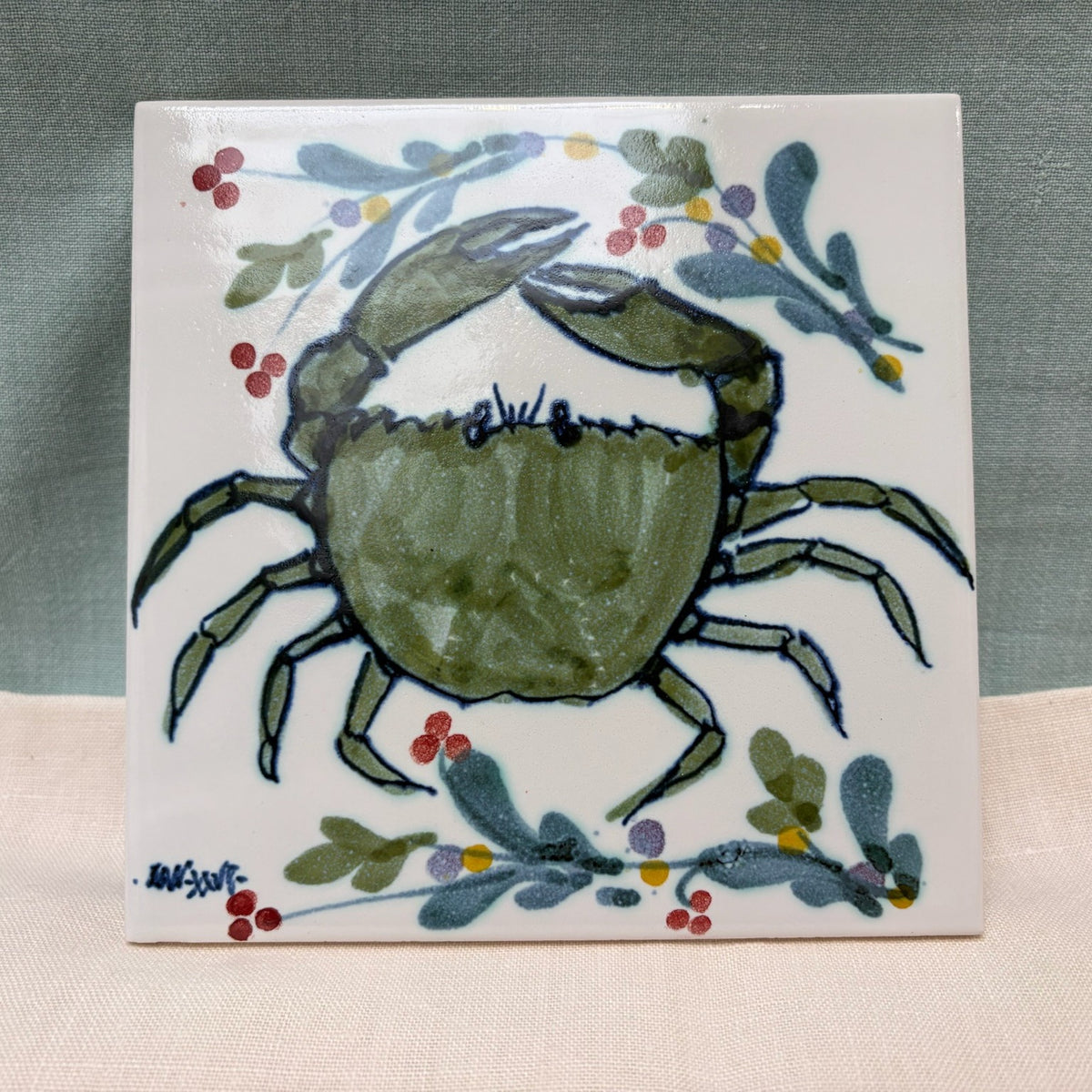 Handmade Ceramic 6" Tile - Mistletoe Crab in Lime