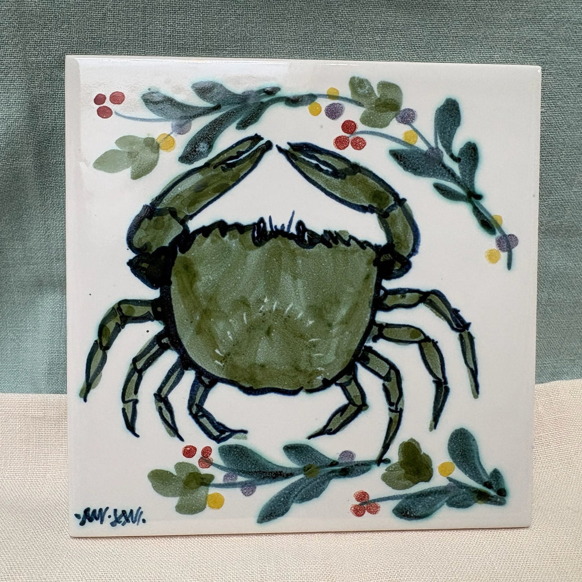 Handmade Ceramic 6" Tile - Mistletoe Crab in Lime