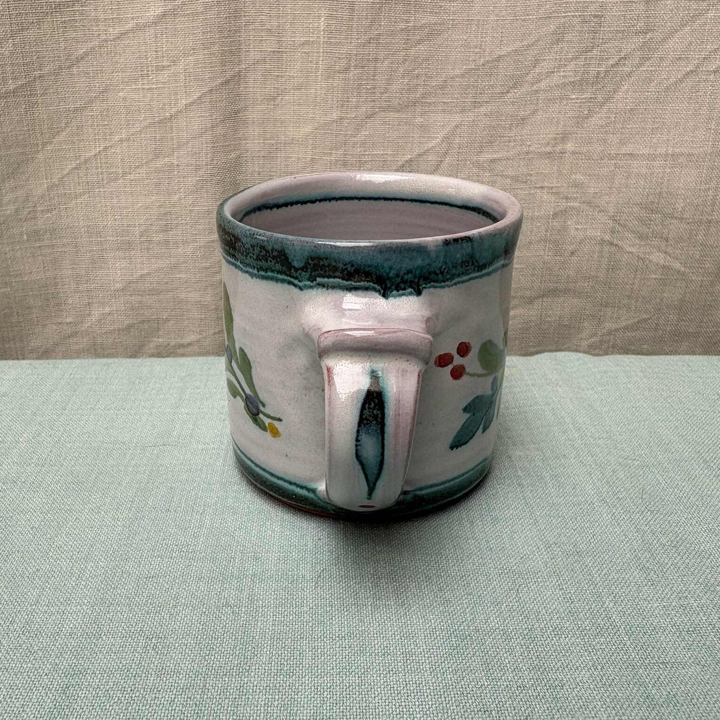 Small Handmade Ceramic Mug - Mistletoe in Teal Lime