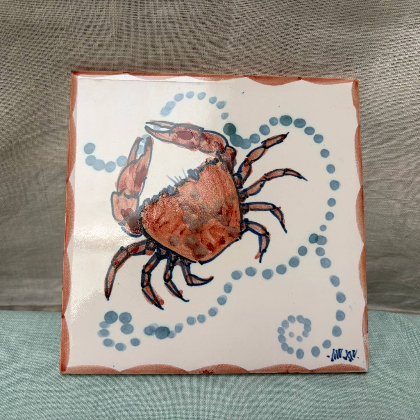 Handmade Ceramic 6" Tile - Crab in Coral Pearls