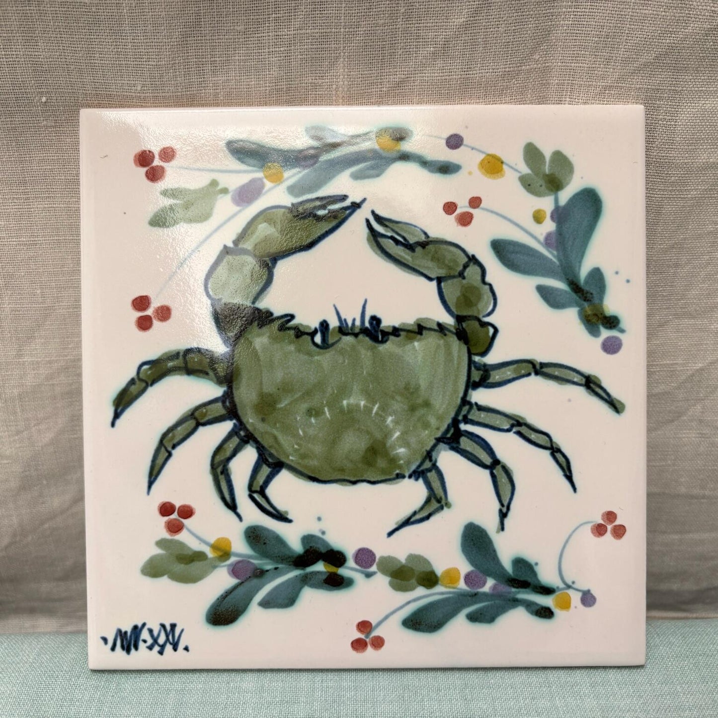 Handmade Ceramic 6" Tile - Mistletoe Crab in Lime Teal
