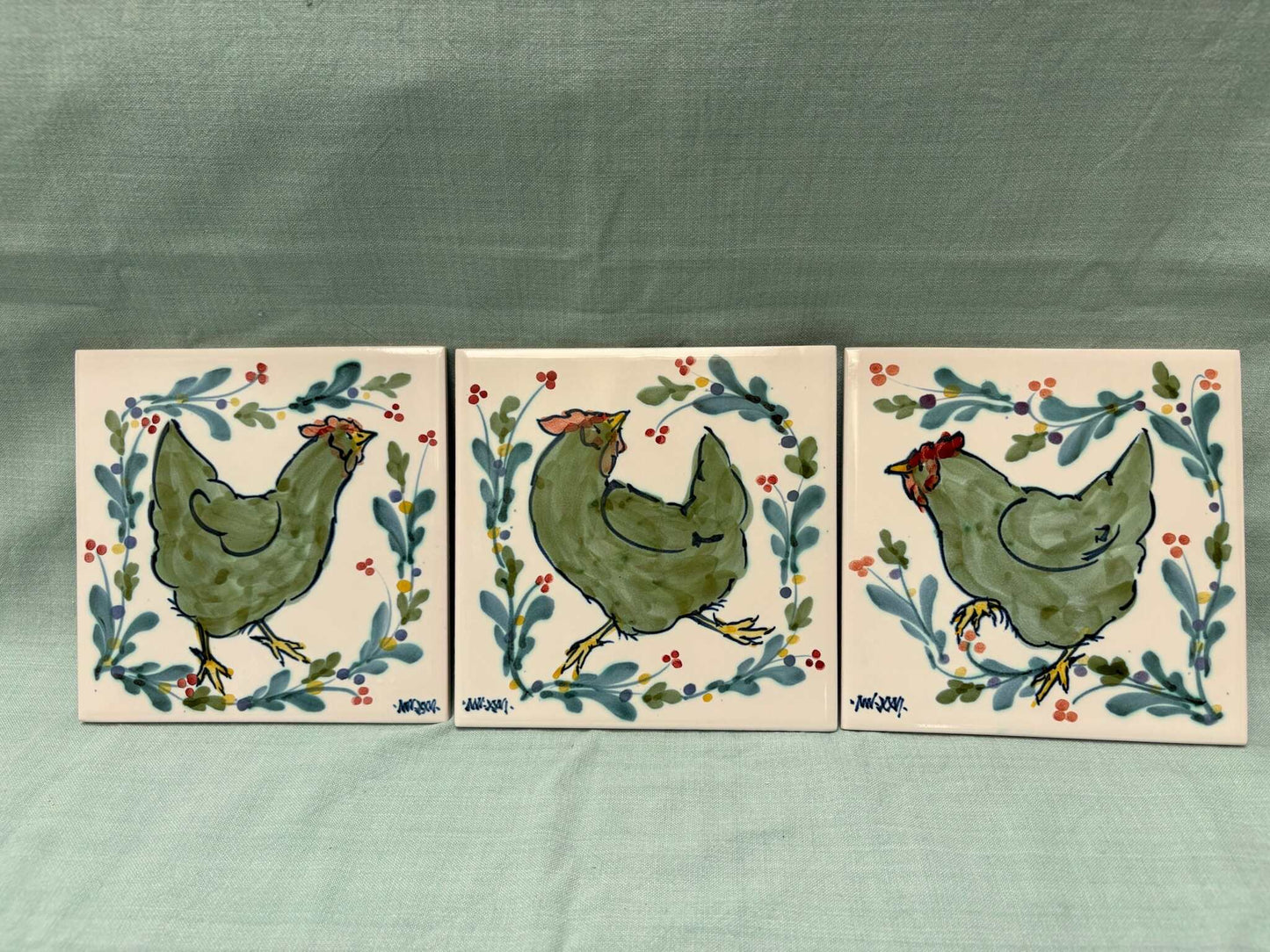 Handmade Ceramic Trio Of 6" Tiles - Mistletoe Lime Teal + Lime Hen