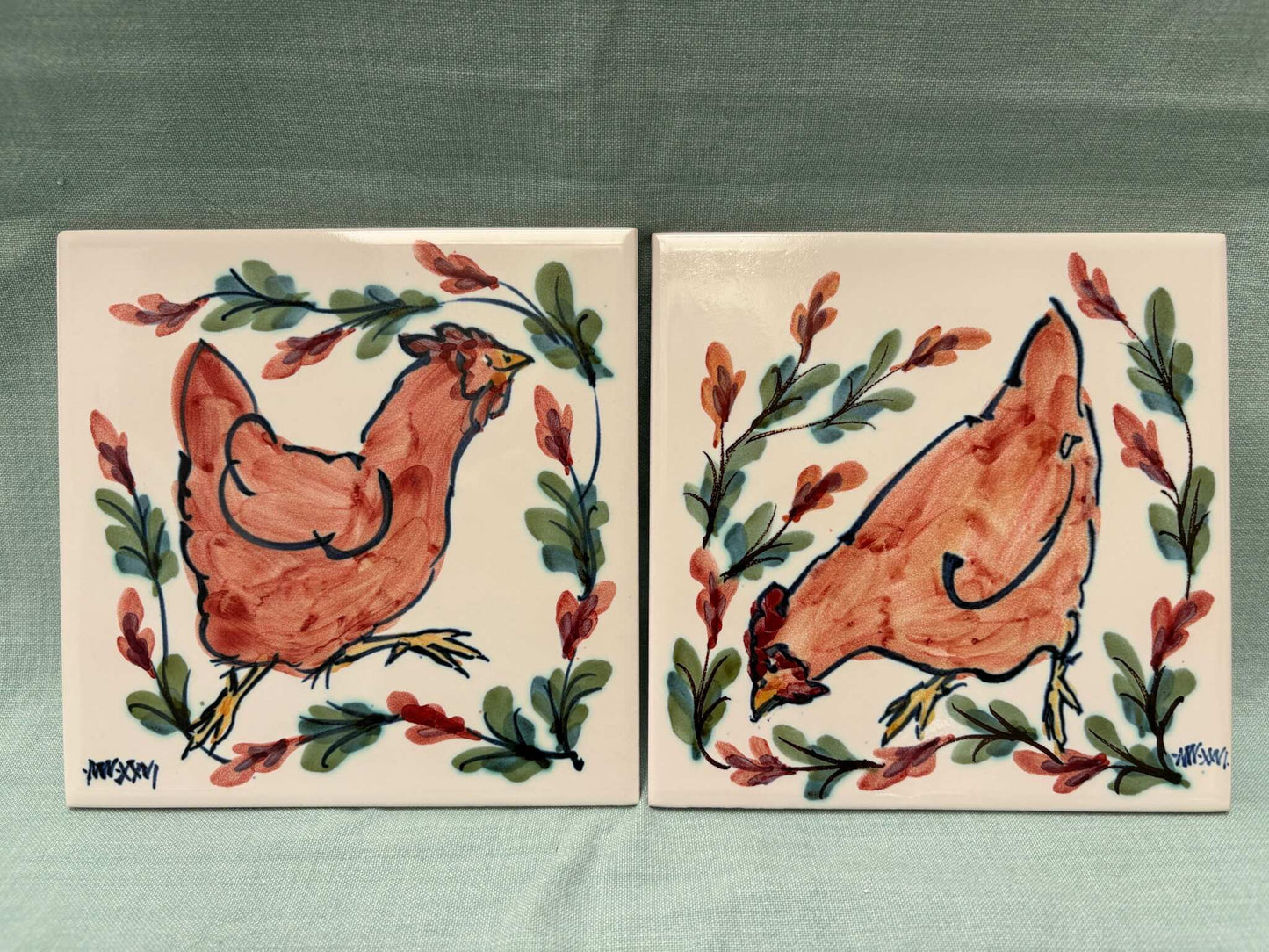 Handmade Ceramic Pair Of 6" Tiles - Fuchsia Coral + Coral Hens