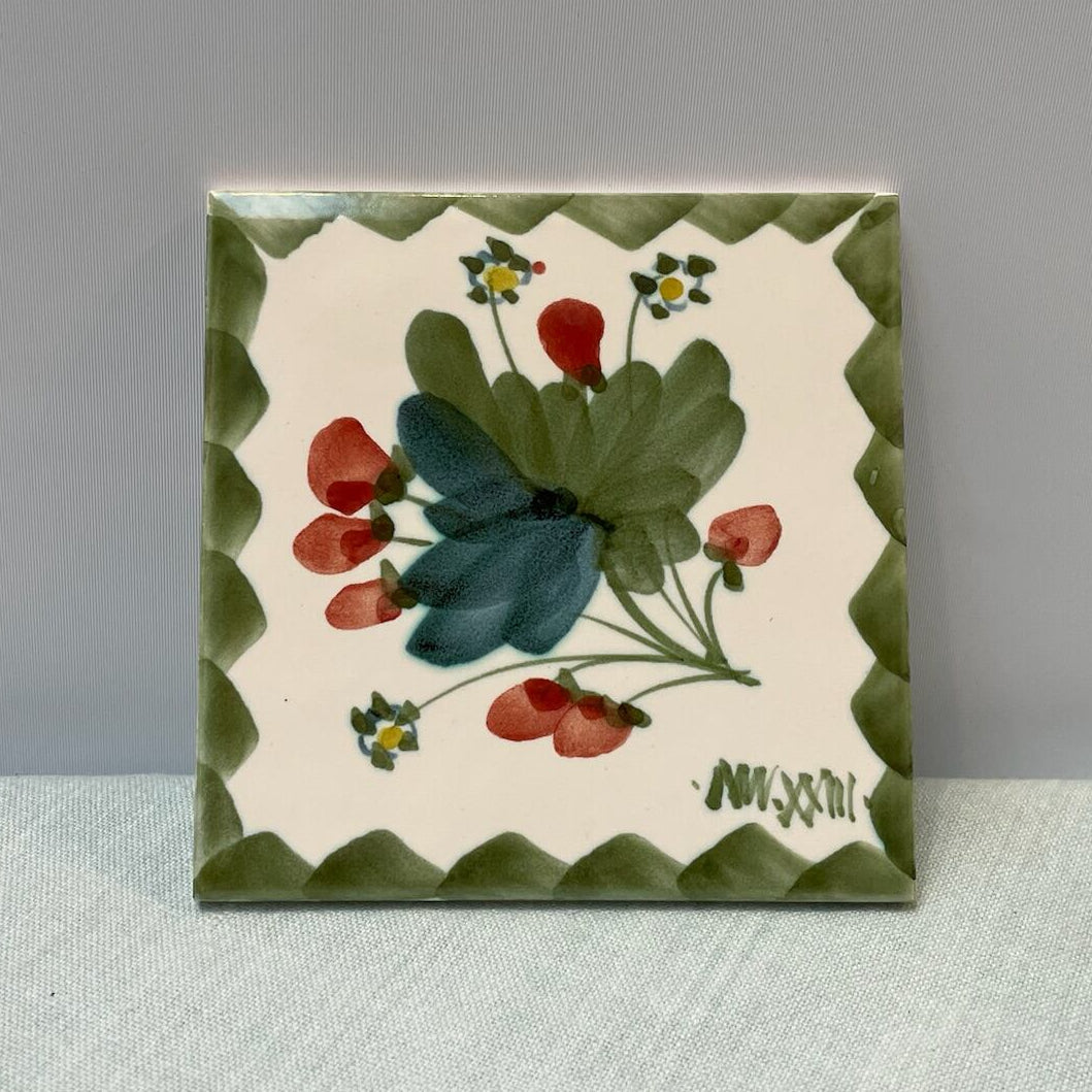 Handmade Ceramic 4" Tile – Strawberry in Lime