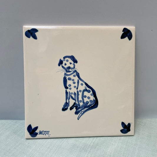 Handmade Ceramic 6" Tile – Dog in Blue