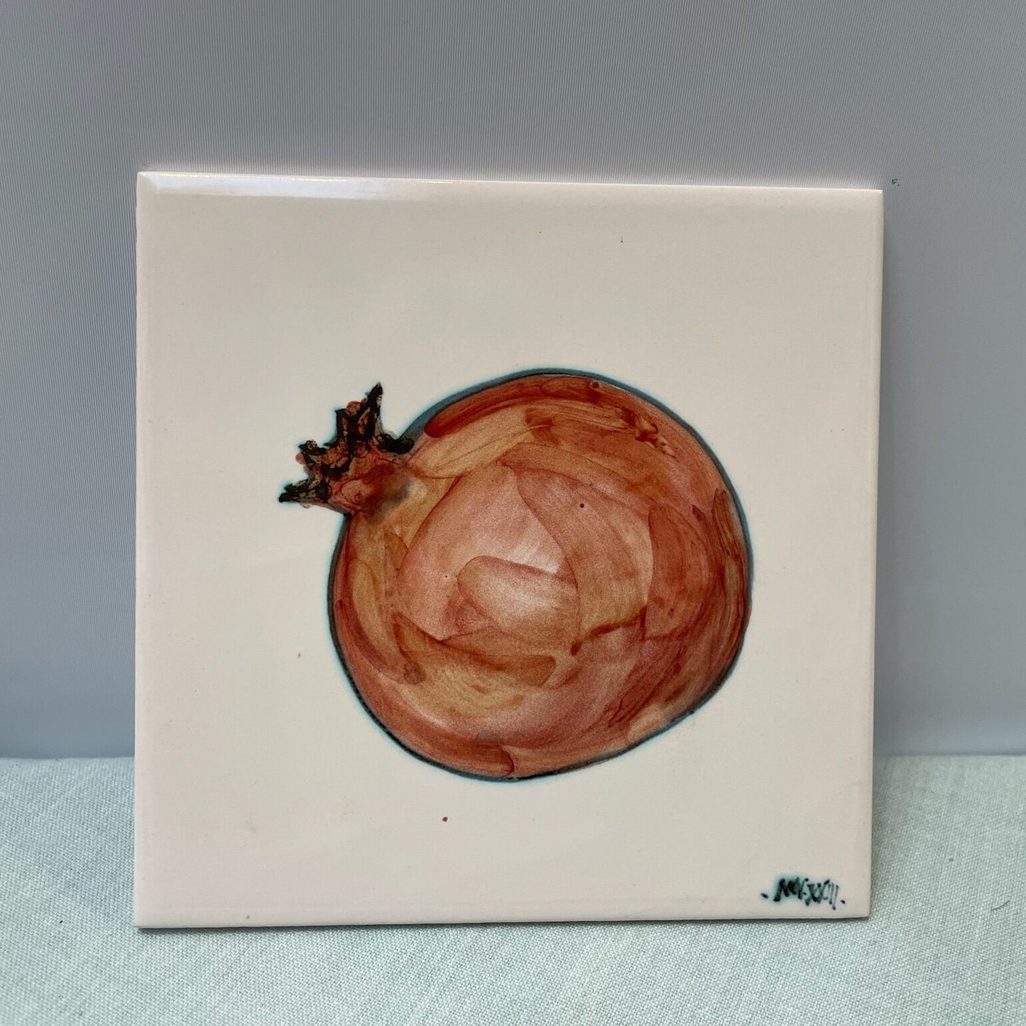 Handmade Ceramic 6" Tile – Pomegranate in Coral