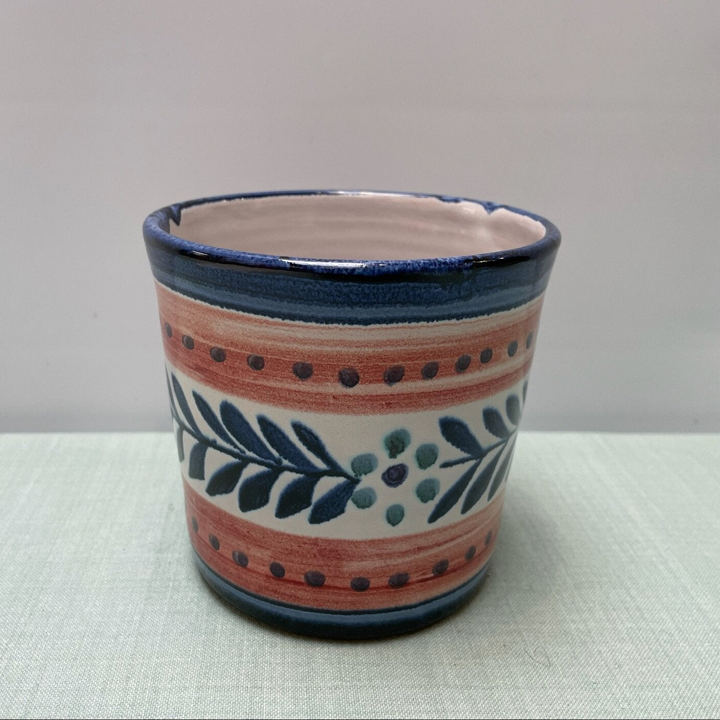 Small Handmade Ceramic Plant Pot Cover – Danish in Blue & Coral