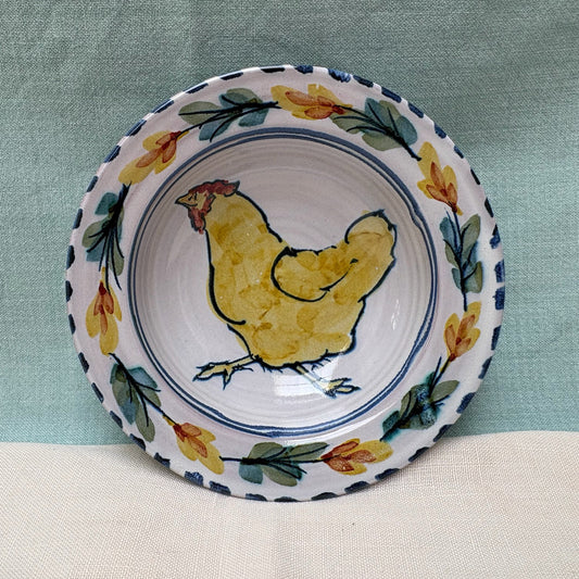 Small Handmade Ceramic Rimmed Bowl - Fuchsia Hen in Yellow