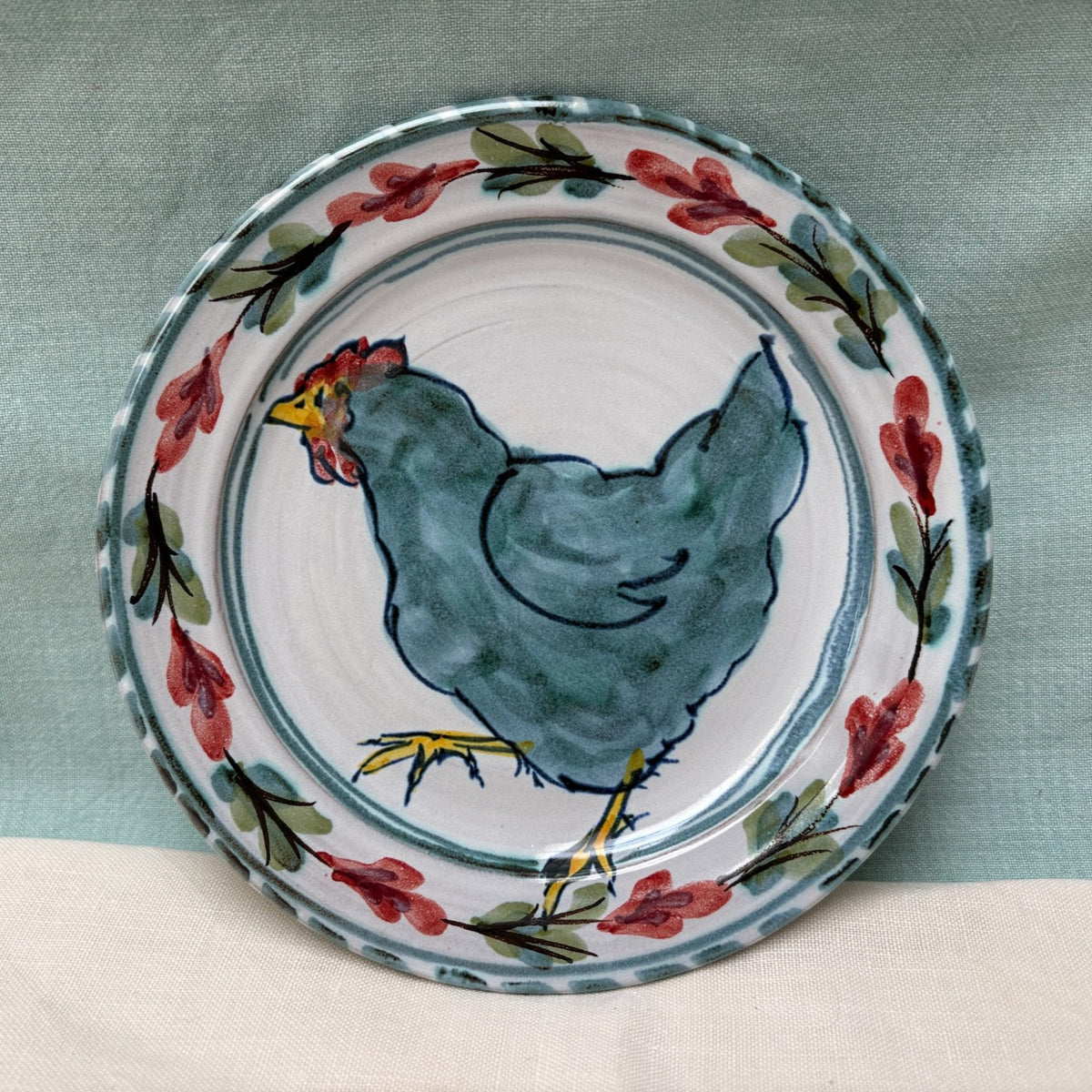 Handmade Ceramic Breakfast Plate - Fuchsia Hen in Teal Coral