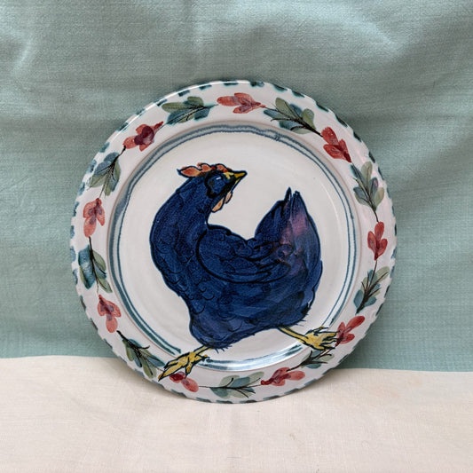 Handmade Ceramic Sideplate - Fuchsia Hen in Teal Coral