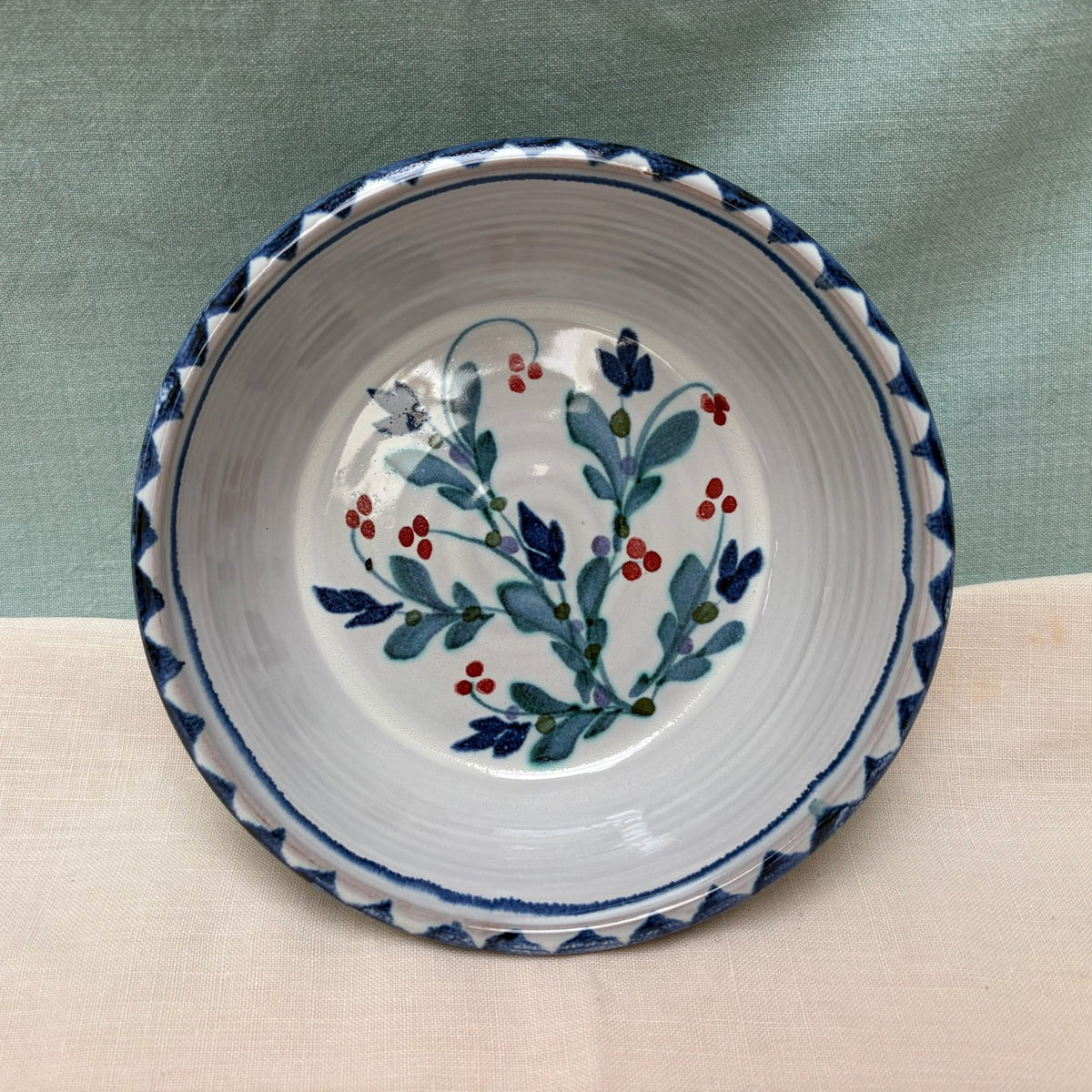 Handmade Ceramic Wide Flat Bowl - Mistletoe in Blue Teal