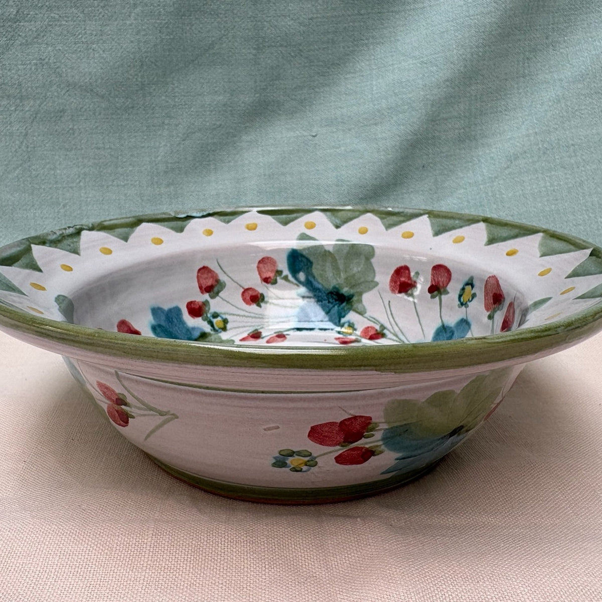 Medium Handmade Ceramic Rimmed Bowl - Strawberry in Lime
