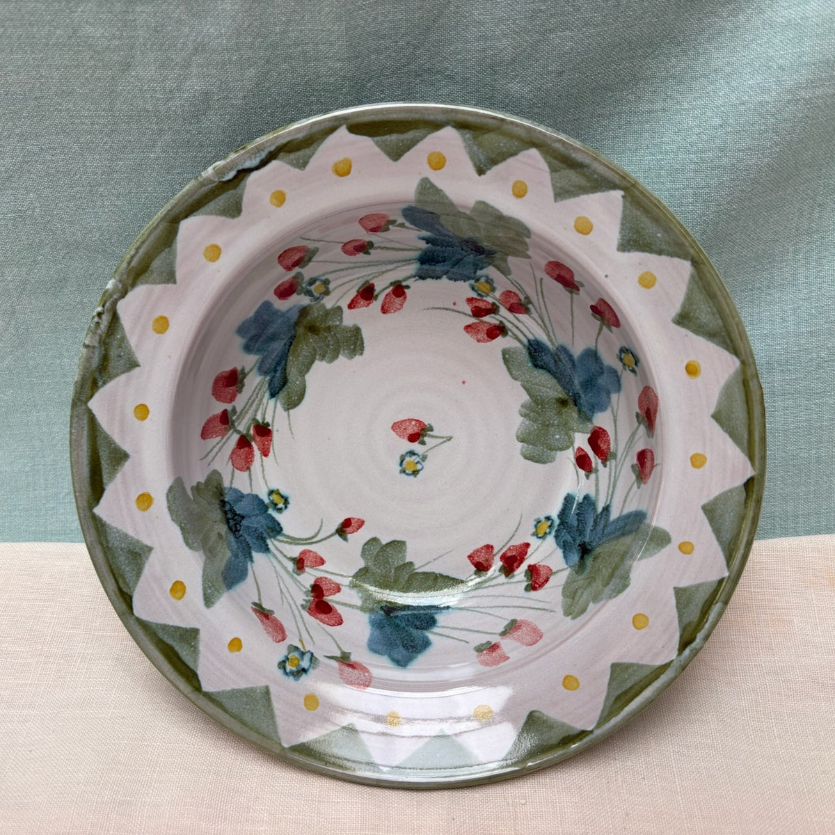 Medium Handmade Ceramic Rimmed Bowl - Strawberry in Lime