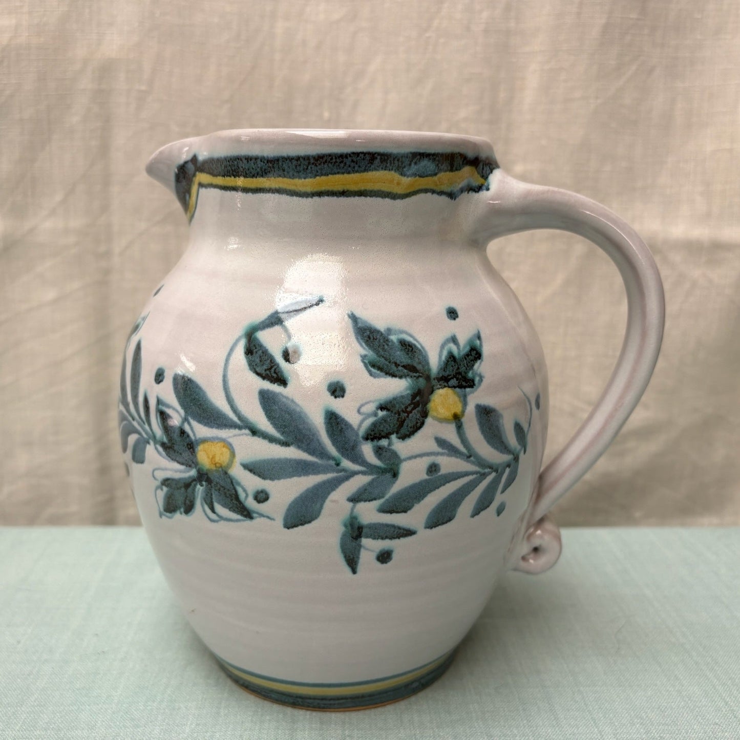 Large Handmade Ceramic Rounded Jug - Cornflower in Teal Yellow