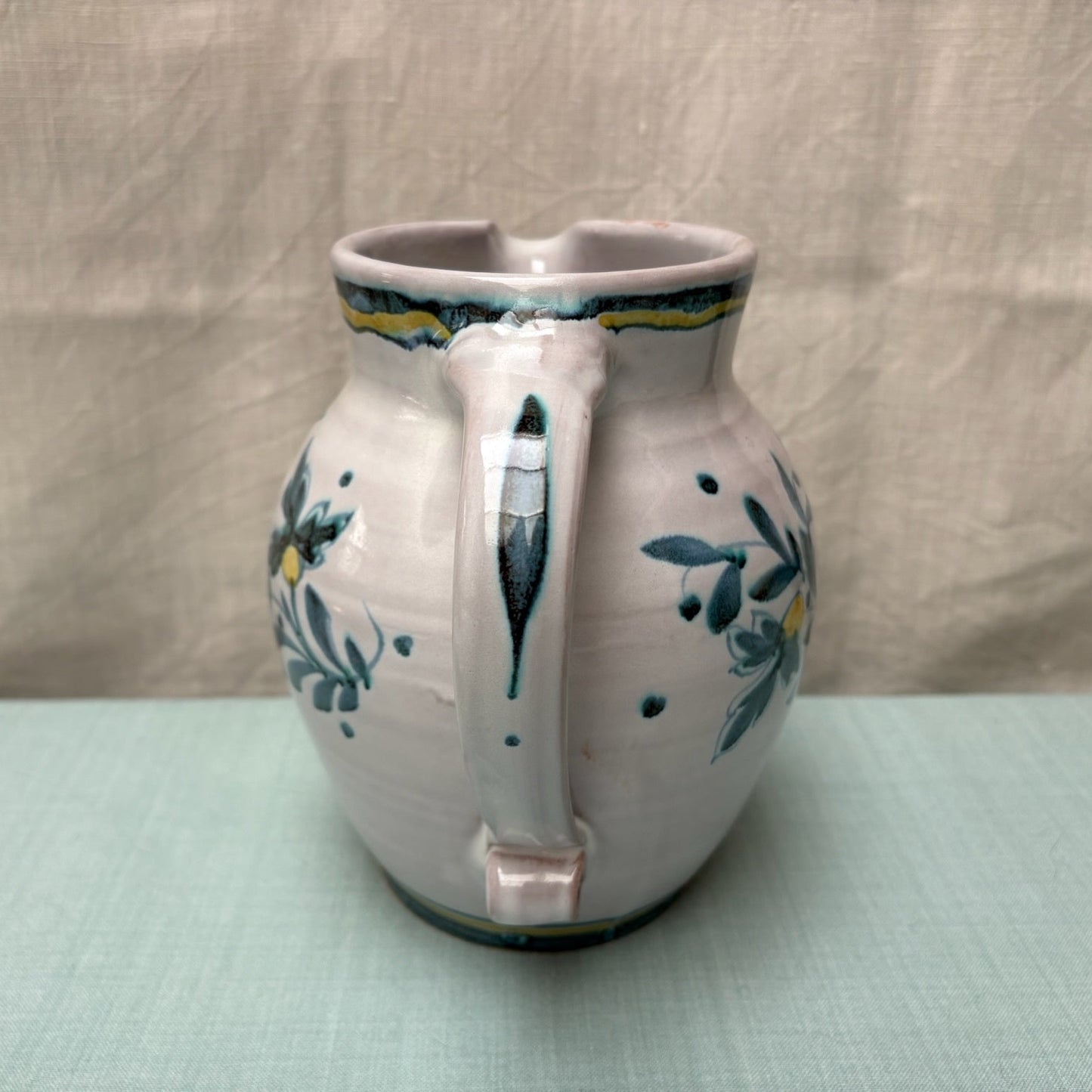 Large Handmade Ceramic Rounded Jug - Cornflower in Teal Yellow