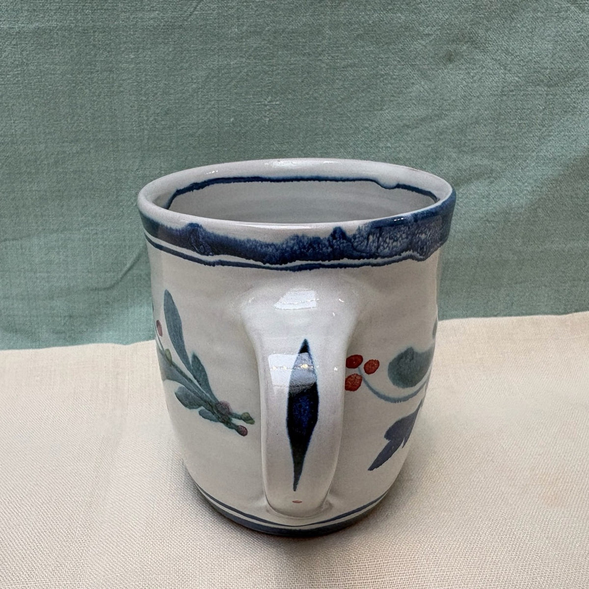 Tall Handmade Ceramic Mug - Mistletoe in Blue Teal