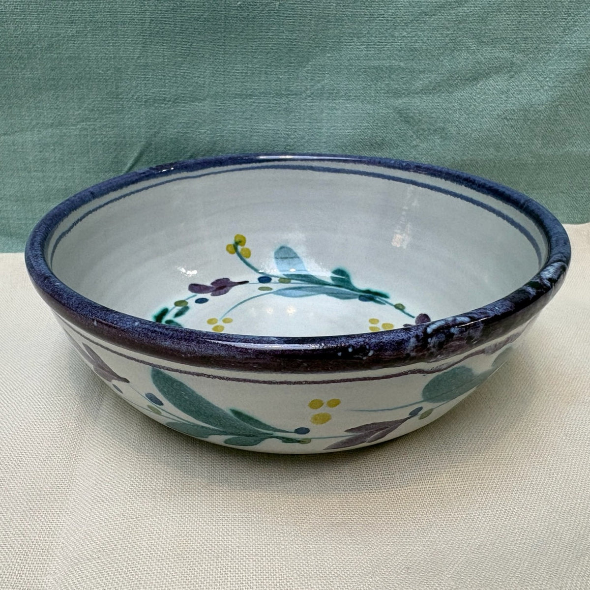 Handmade Ceramic Cereal Bowl - Mistletoe in Blue Teal Yellow