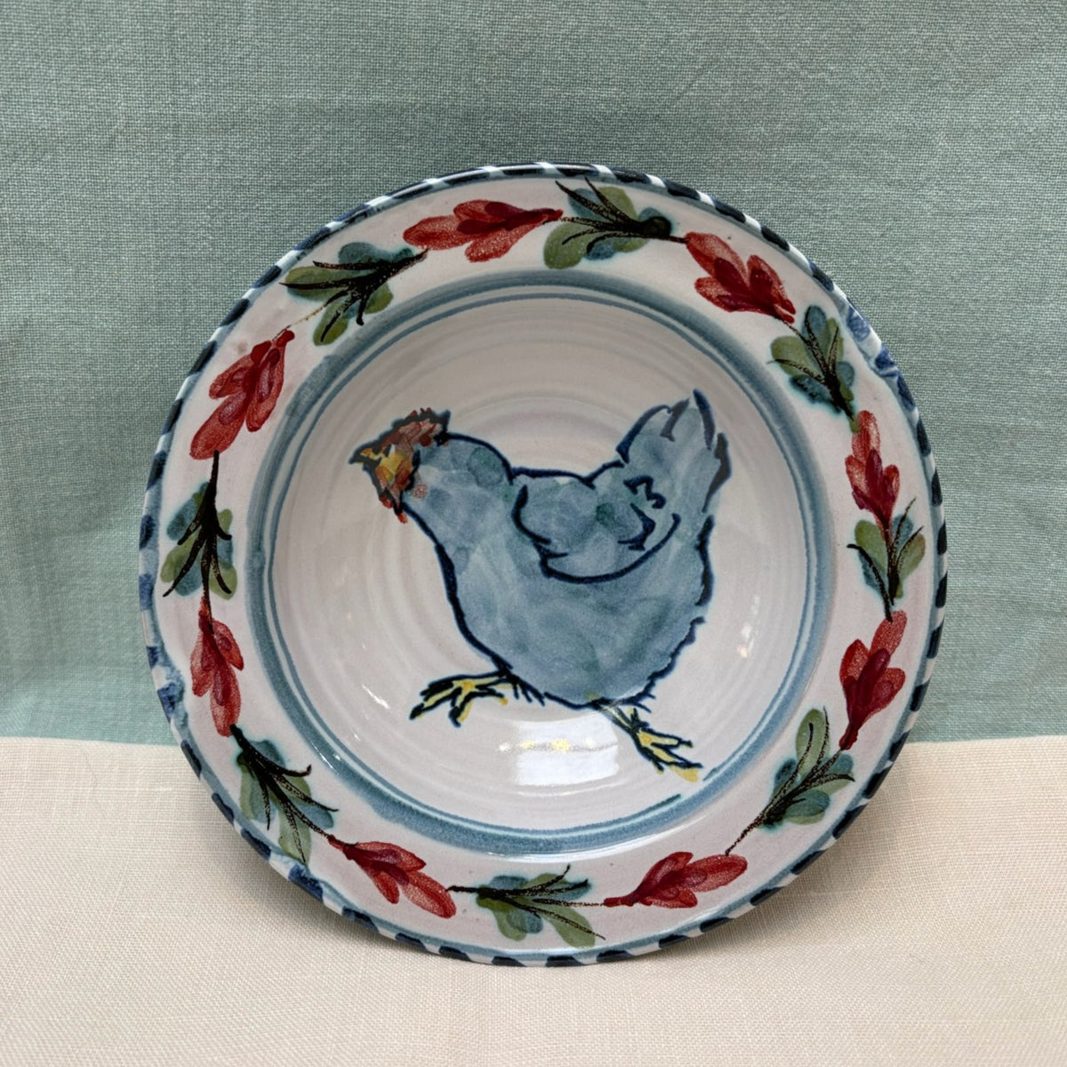 Small Handmade Ceramic Rimmed Bowl - Fuchsia Hen in Teal