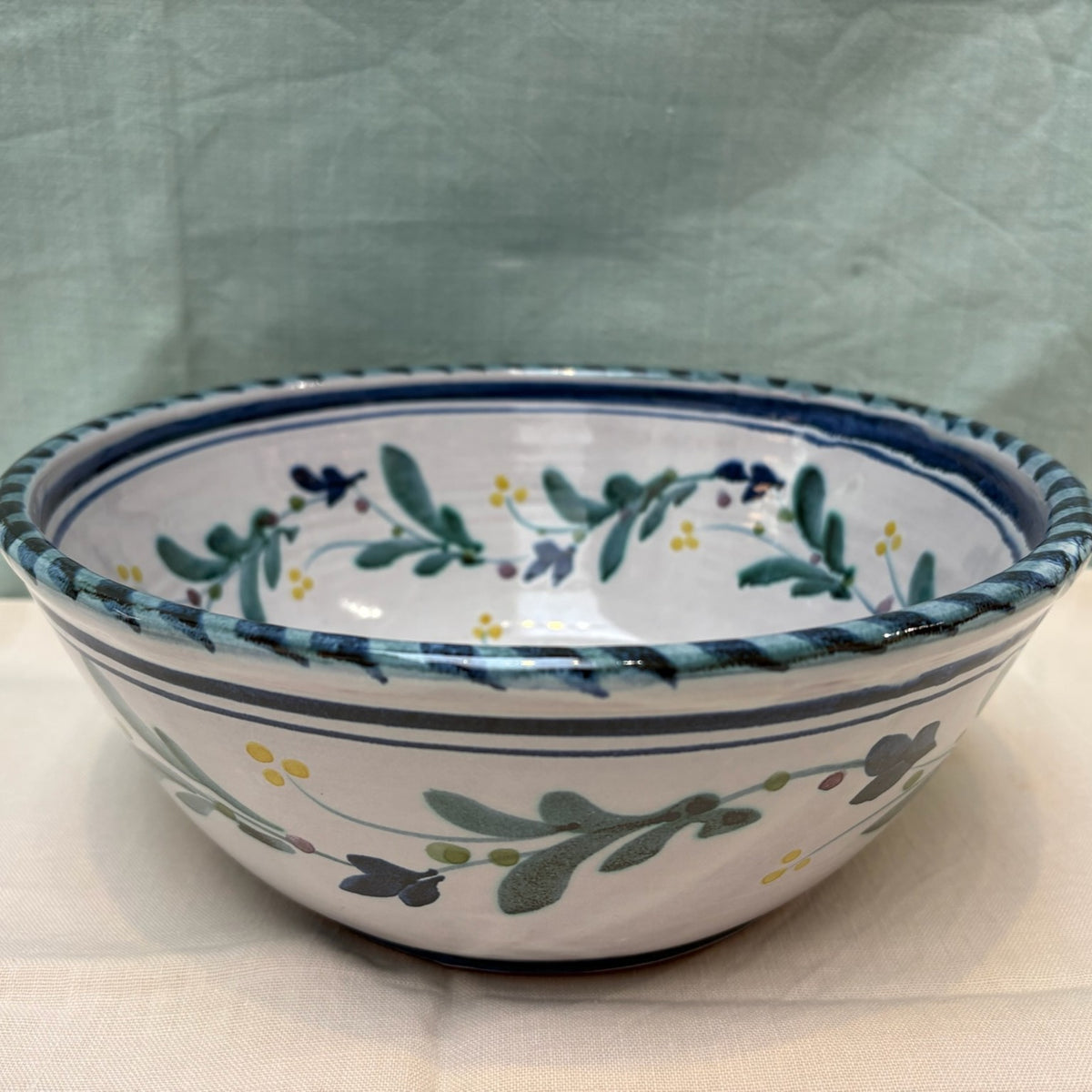 Medium Handmade Ceramic Salad Bowl - Mistletoe in Blue Teal Yellow