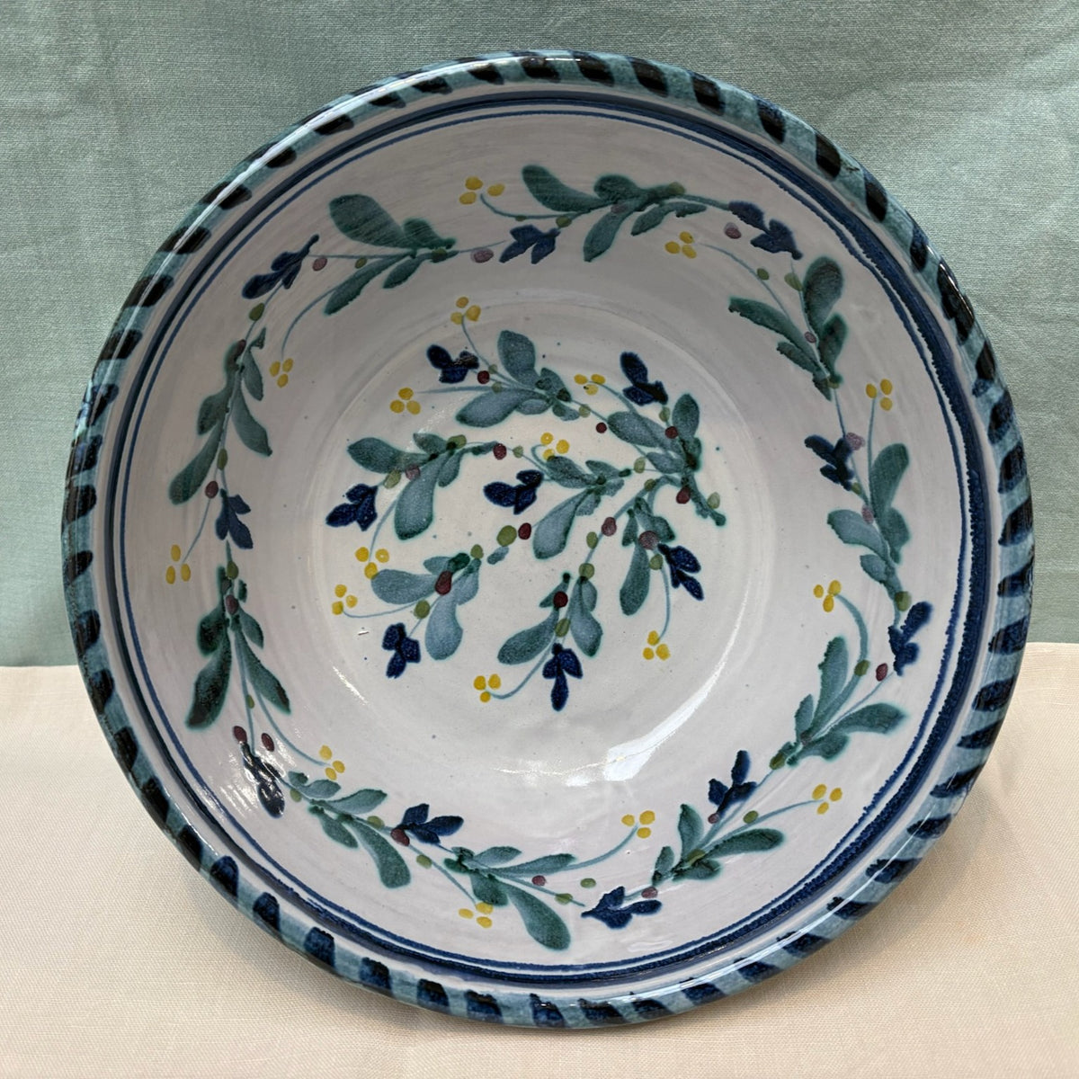 Medium Handmade Ceramic Salad Bowl - Mistletoe in Blue Teal Yellow