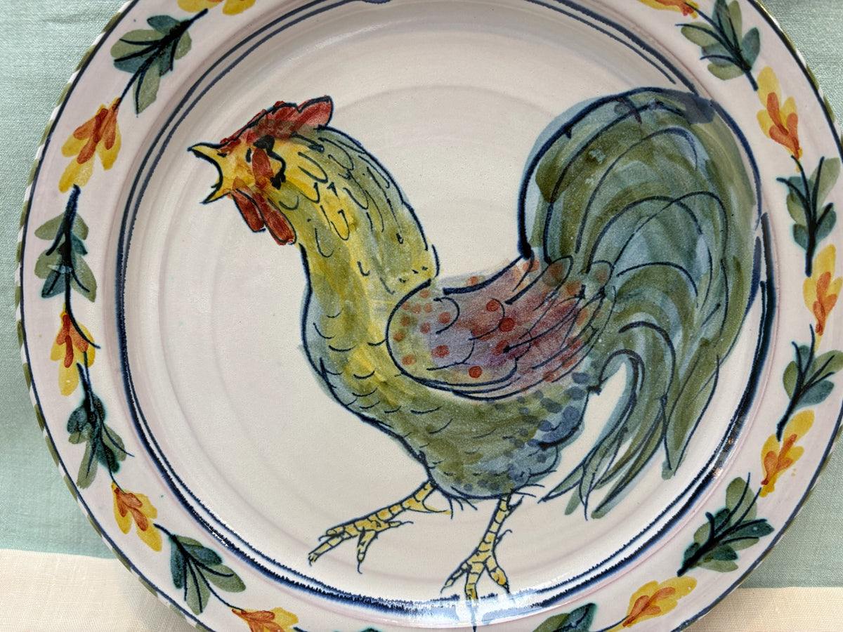 Small Handmade Ceramic Platter - Fuchsia Cockerel in Yellow
