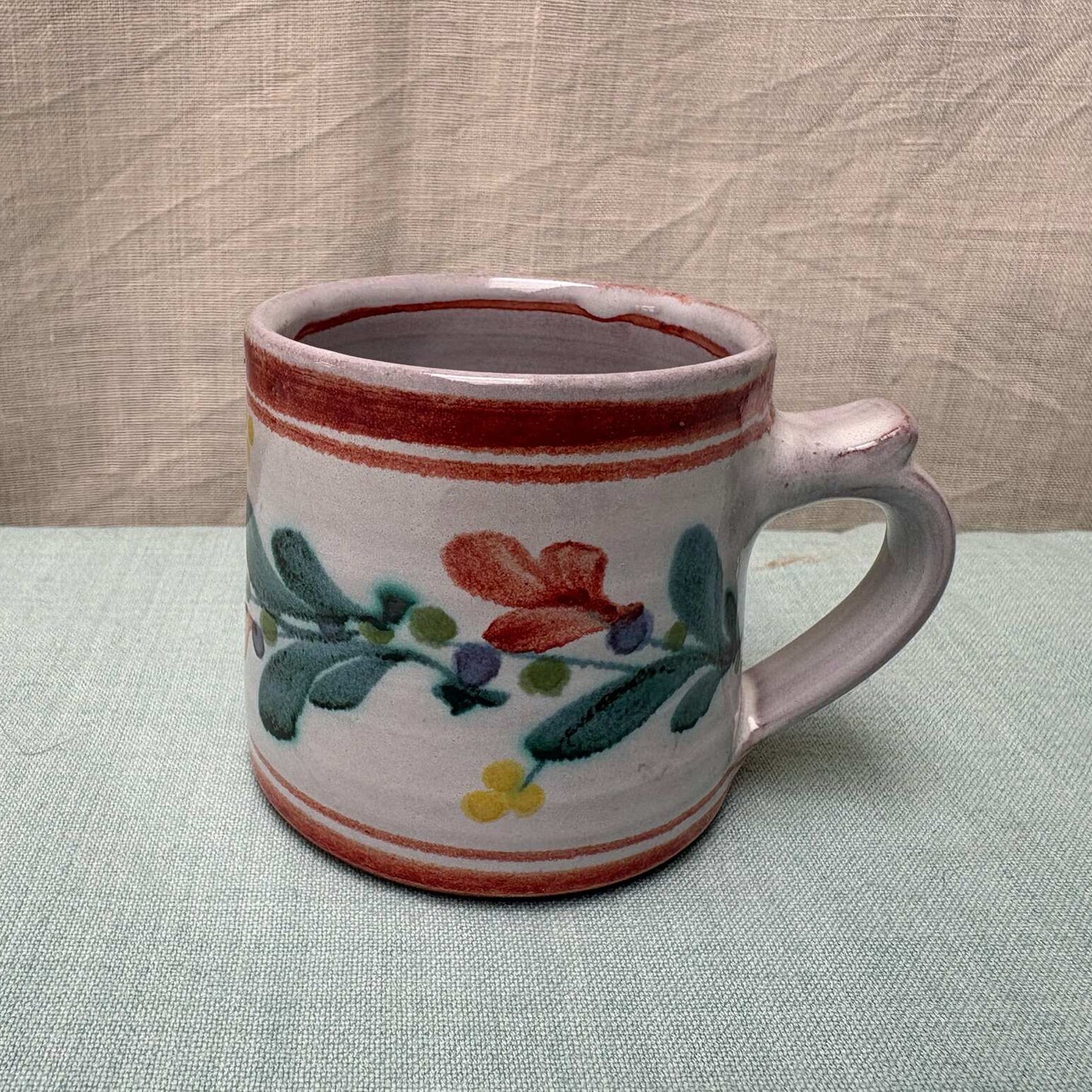 Small Handmade Ceramic Mug - Mistletoe in Coral Teal