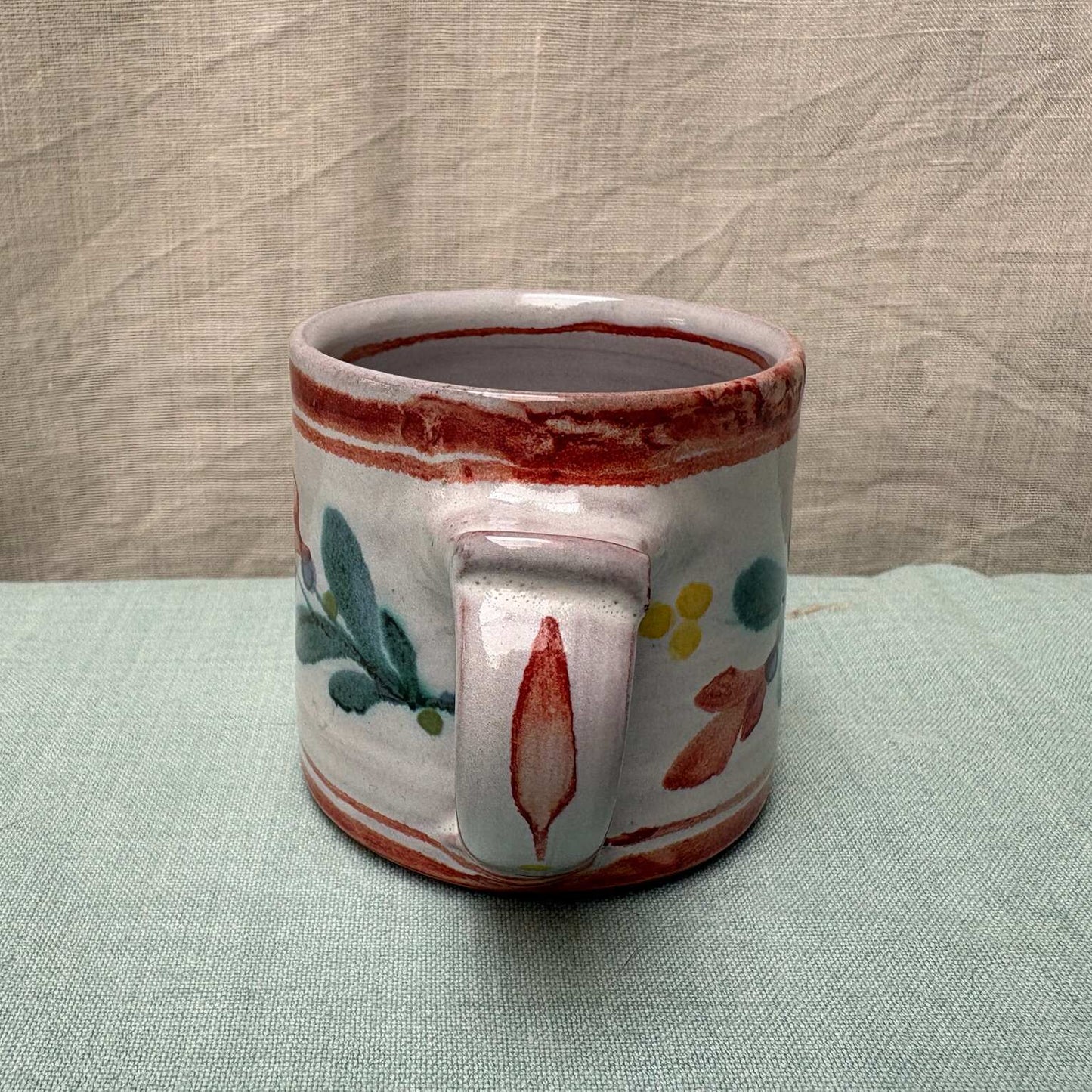 Small Handmade Ceramic Mug - Mistletoe in Coral Teal