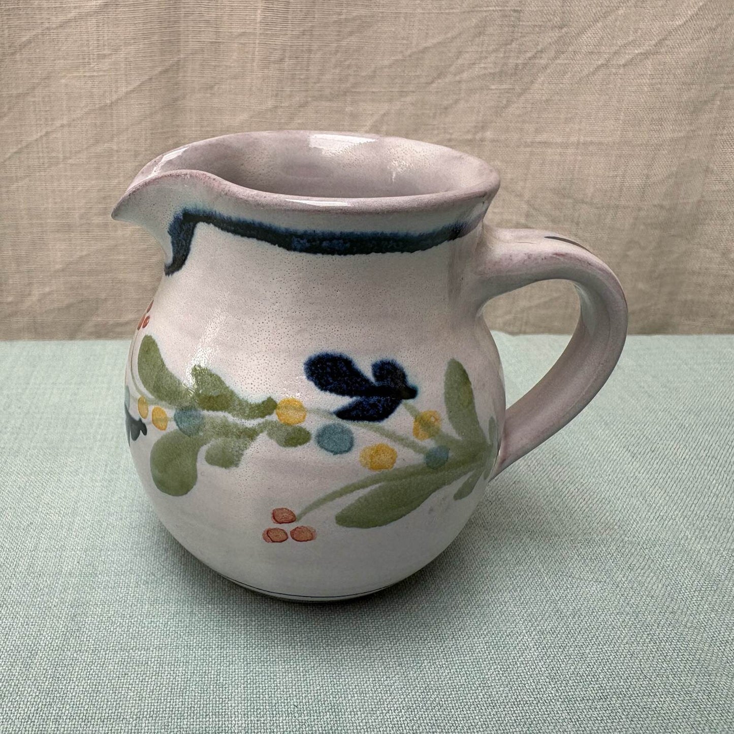 Handmade Ceramic Rounded Cream Jug - Mistletoe in Blue Lime