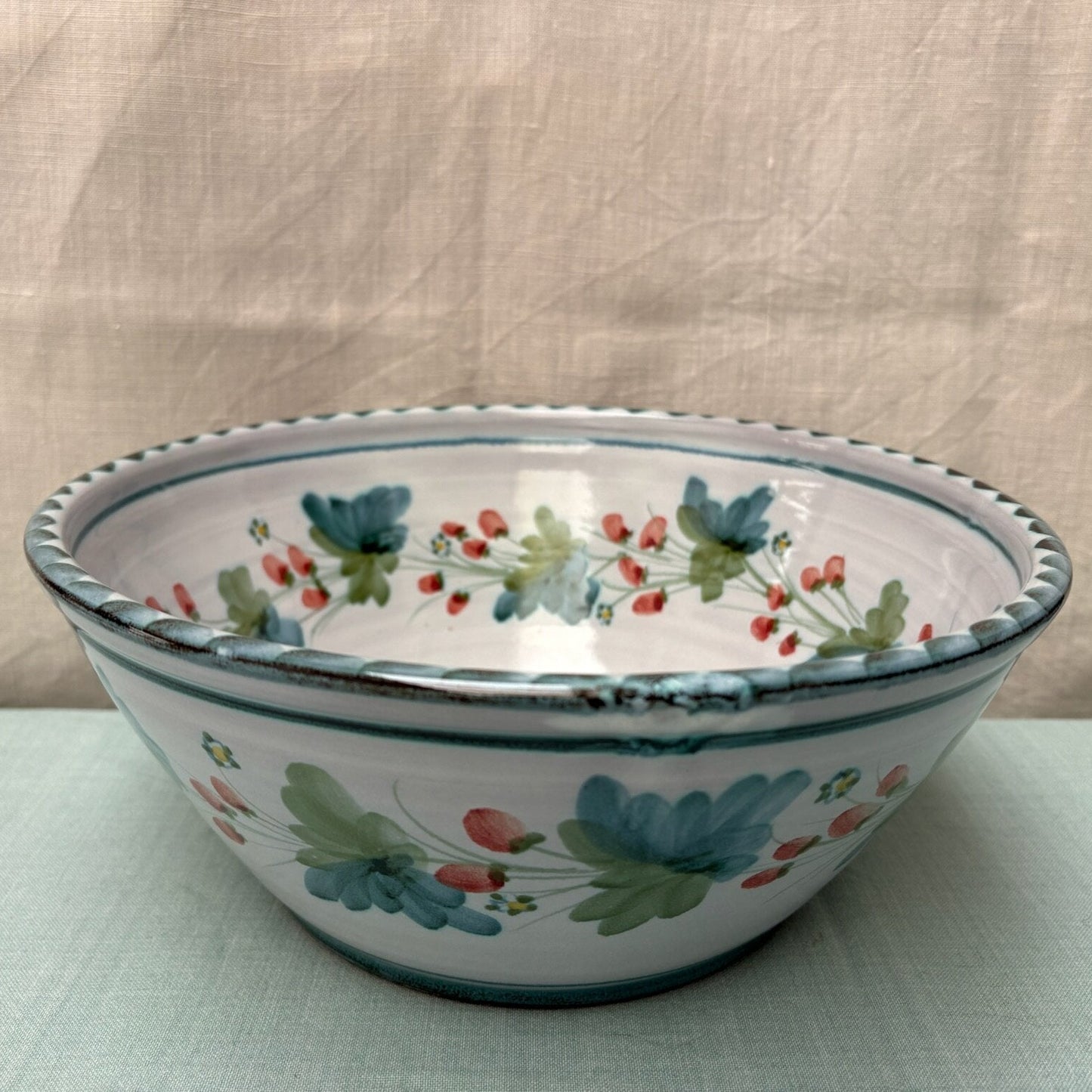 Medium Handmade Ceramic Salad Bowl - Strawberry in Teal