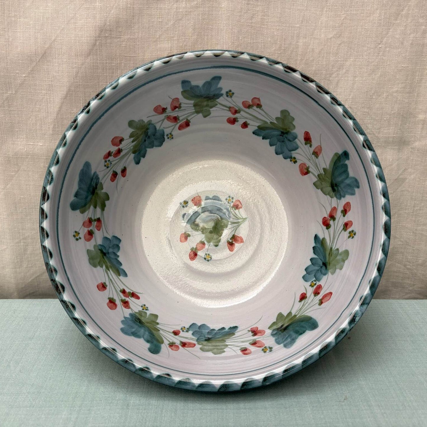 Medium Handmade Ceramic Salad Bowl - Strawberry in Teal