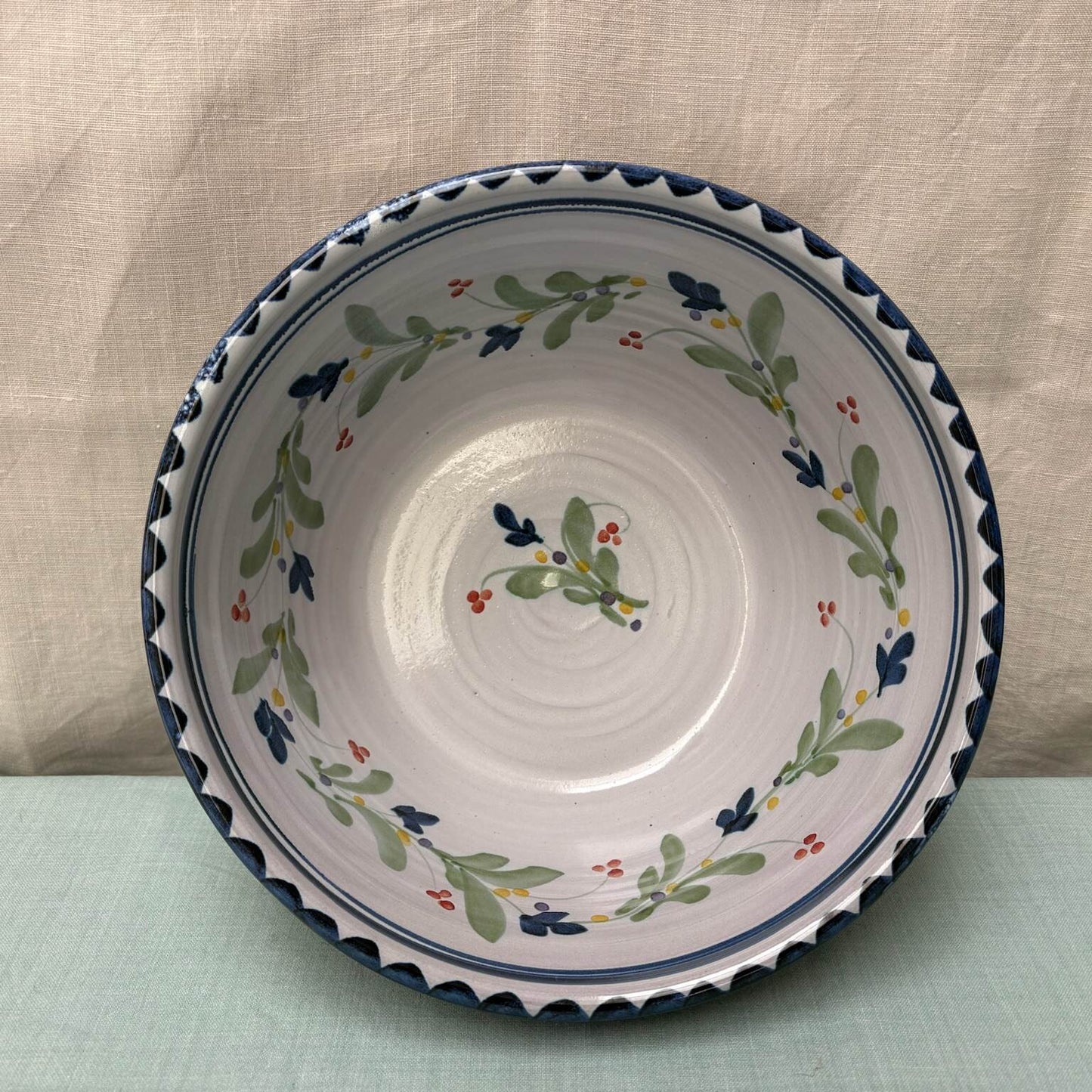 Medium Handmade Ceramic Salad Bowl - Mistletoe in Blue Lime