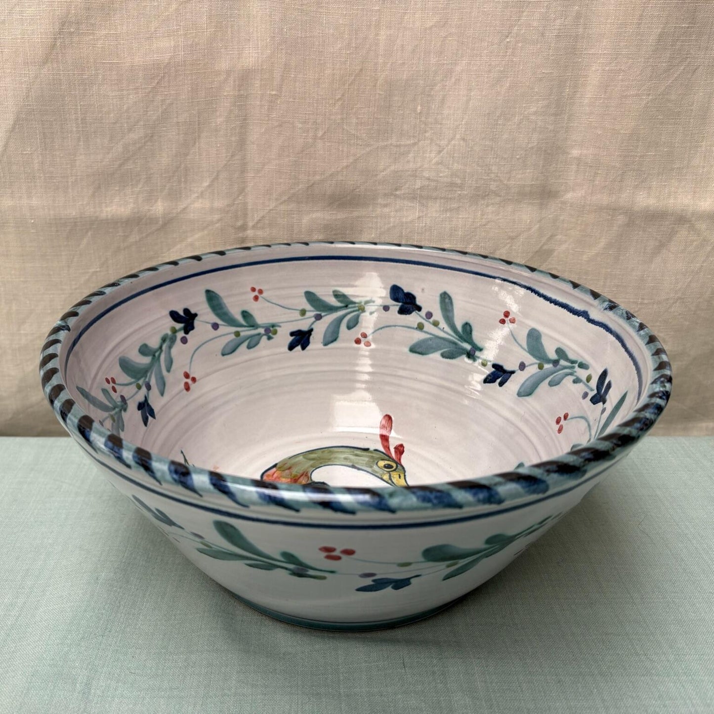Large Handmade Ceramic Salad Bowl - Mistletoe in Bird Blue Teal
