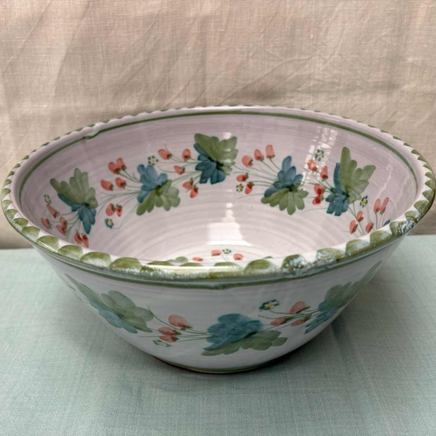 Very Large Handmade Ceramic Salad Bowl - Strawberry in Lime