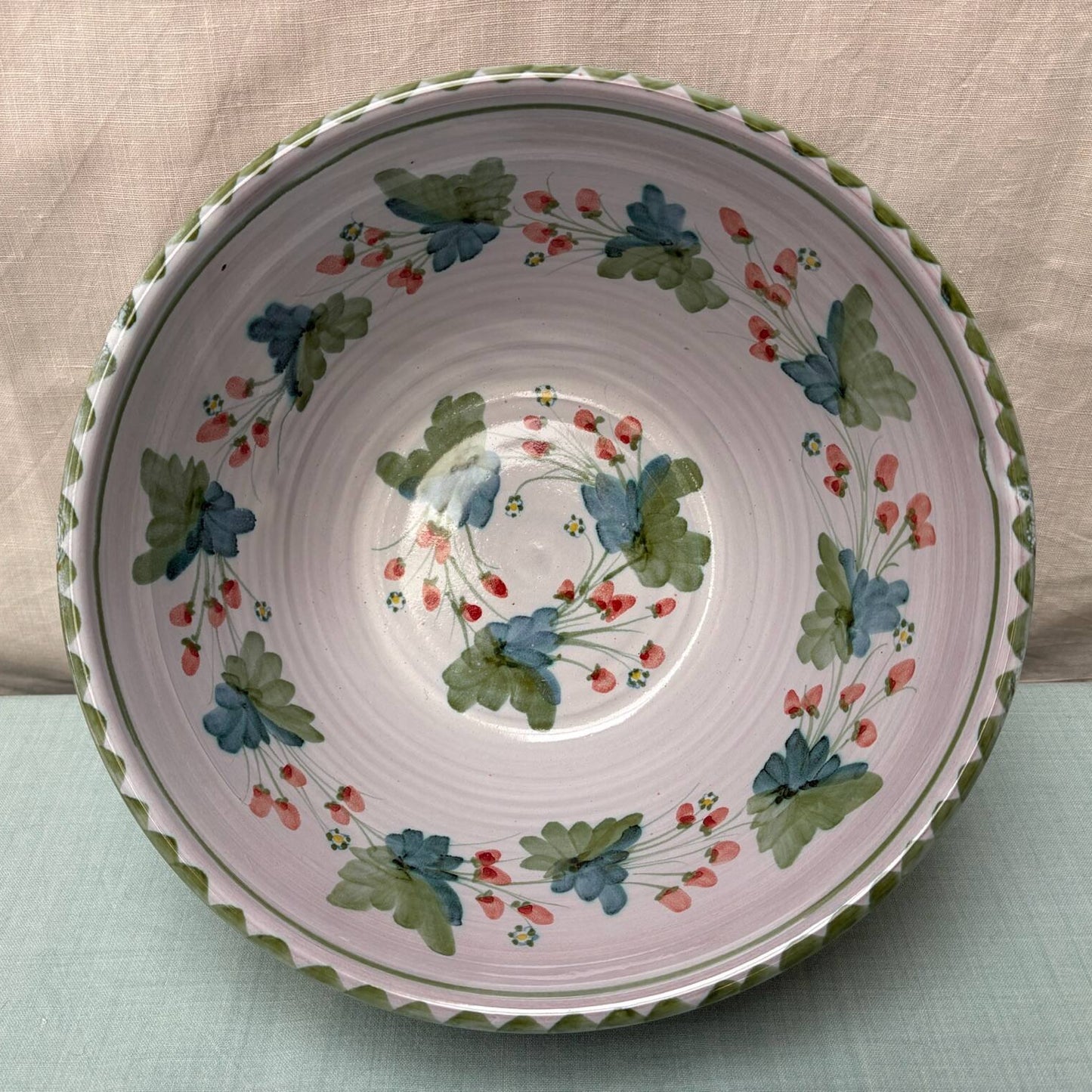 Very Large Handmade Ceramic Salad Bowl - Strawberry in Lime