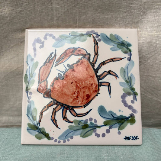Handmade Ceramic 6" Tile - Crab in Coral Seaweed