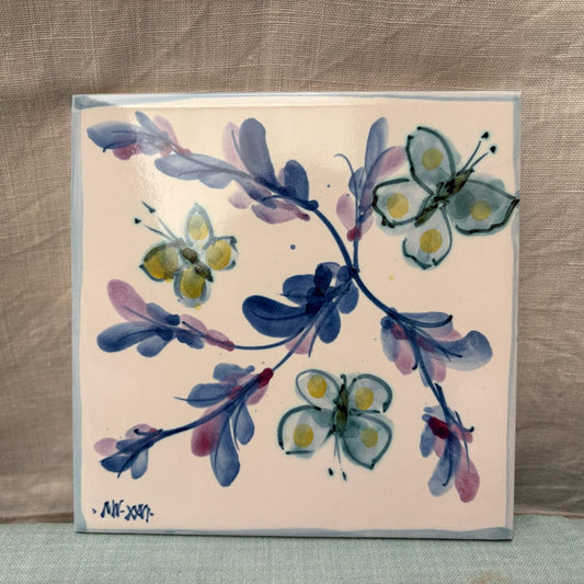 Handmade Ceramic 6" Tile - Butterflies in Blues