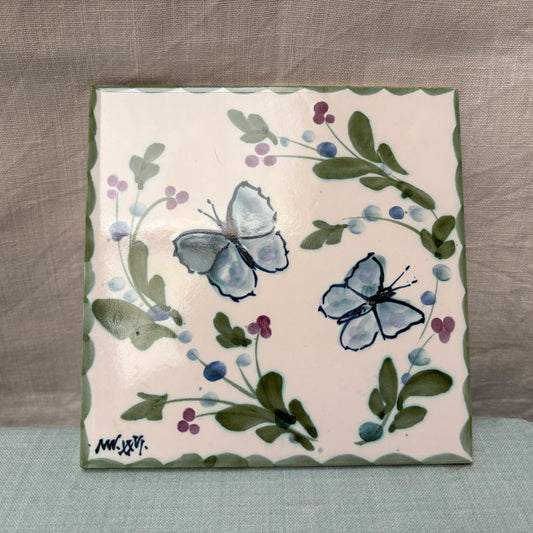 Handmade Ceramic 6" Tile - Butterflies in Teal Lime