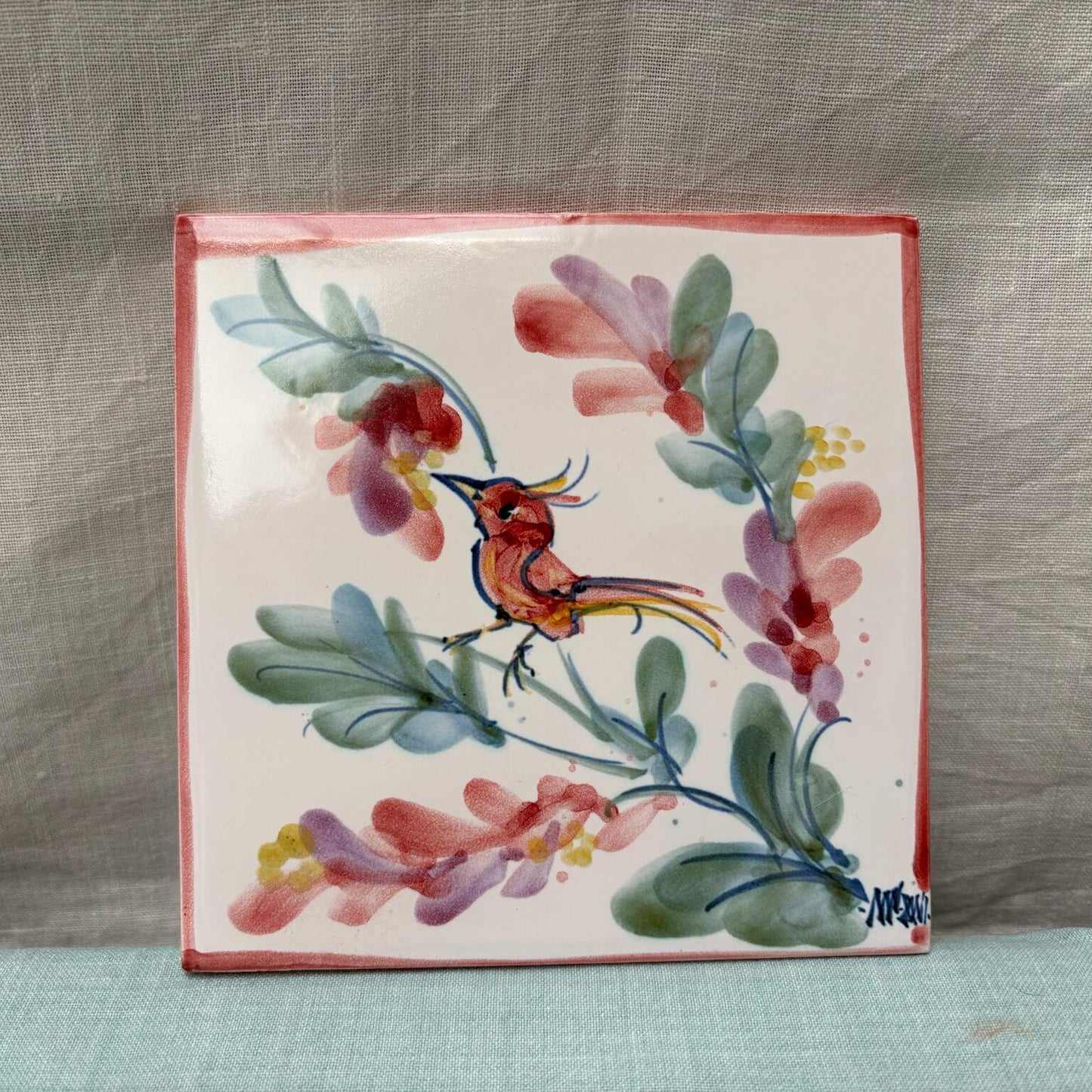 Handmade Ceramic 6" Tile - Small Bird in Coral Lime