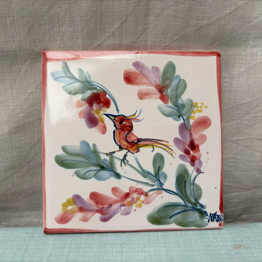 Handmade Ceramic 6" Tile - Small Bird in Coral Lime