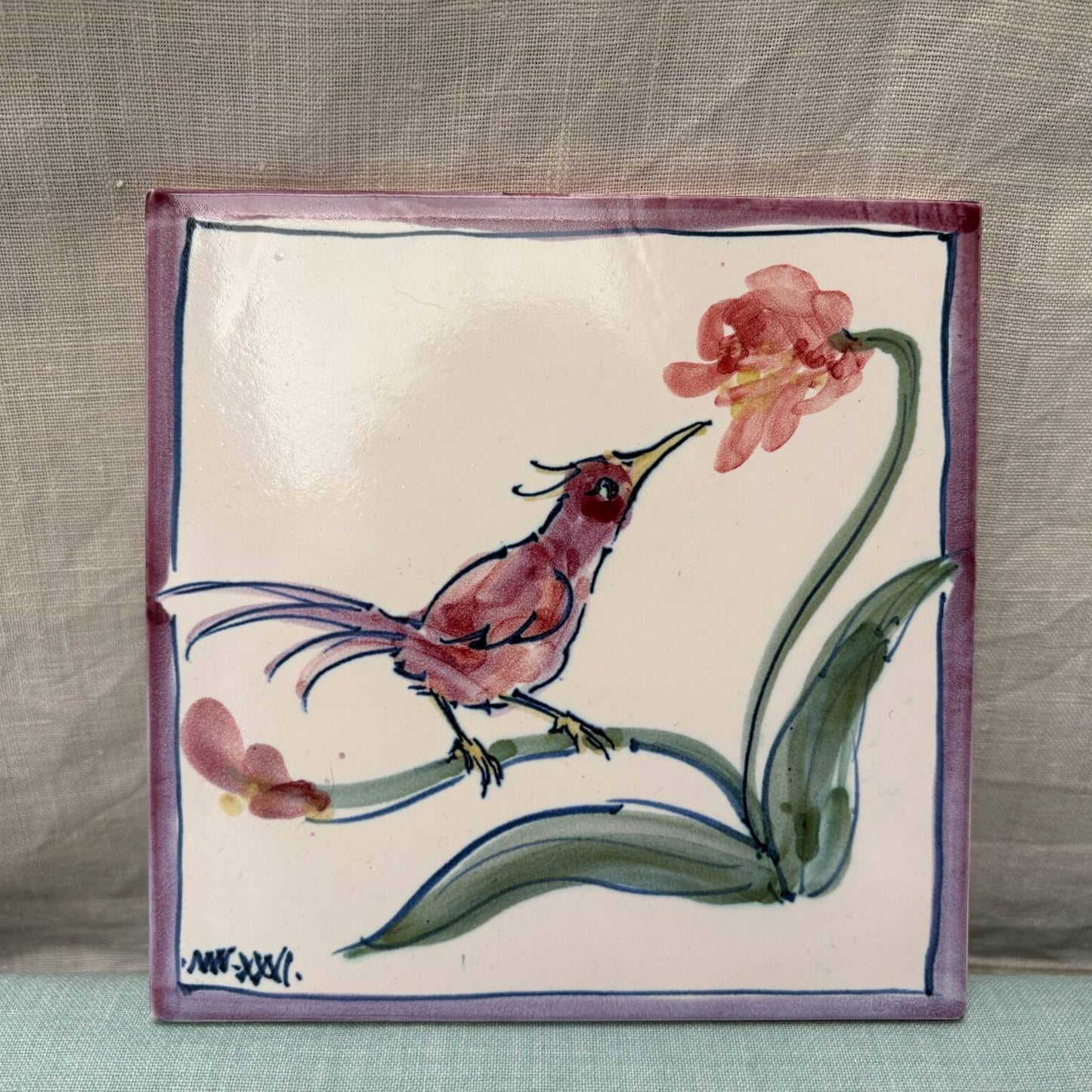Handmade Ceramic 6" Tile - Small Bird in Purple Lime