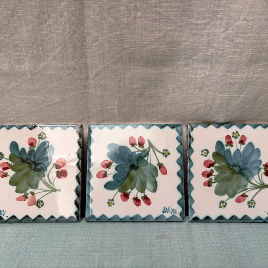 Handmade Ceramic Trio Of 4" Tiles - Strawberry in Teal
