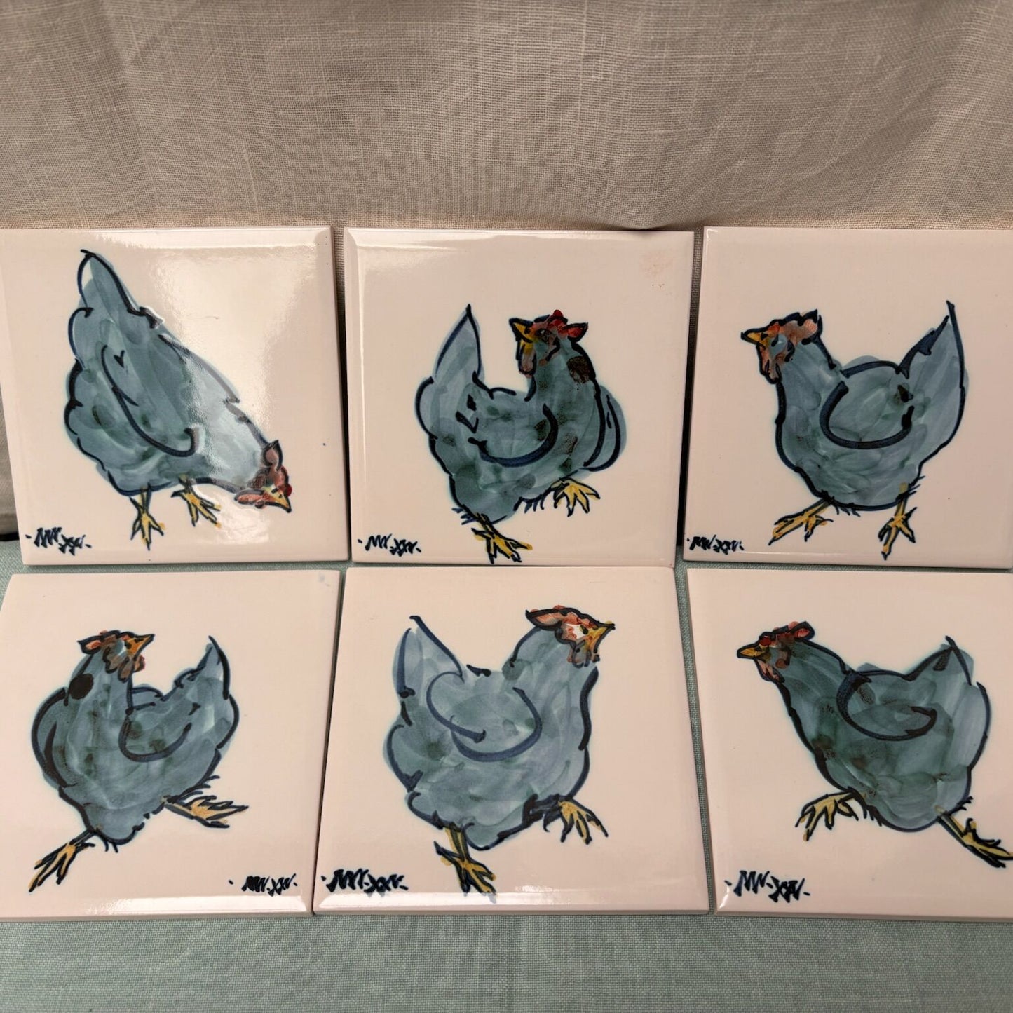 Handmade Ceramic Set Of 6 4" Tiles - Hen in Teal