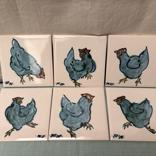 Handmade Ceramic Set Of 6 4" Tiles - Hen in Teal
