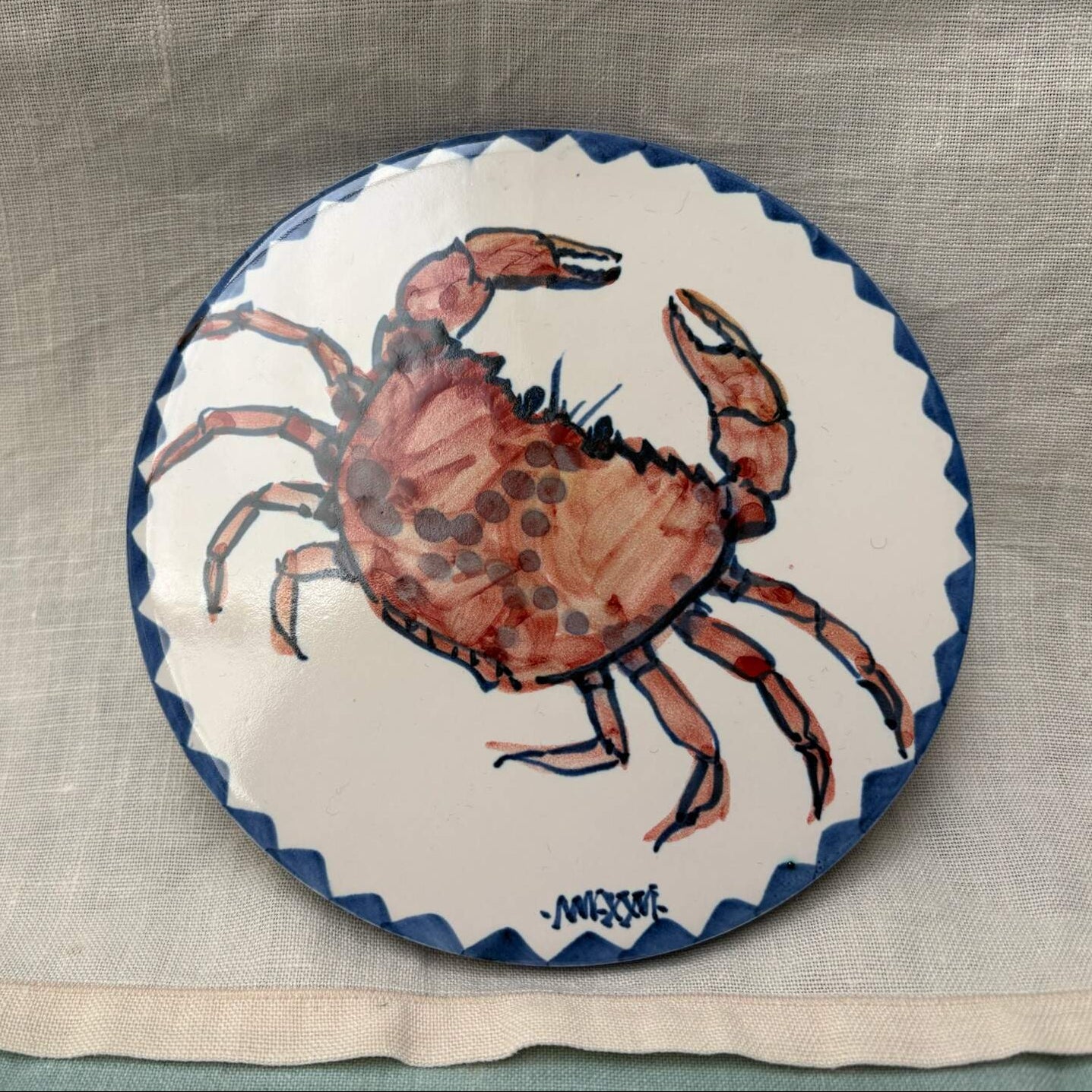 Handmade Ceramic 6" Mat - Crab in Coral